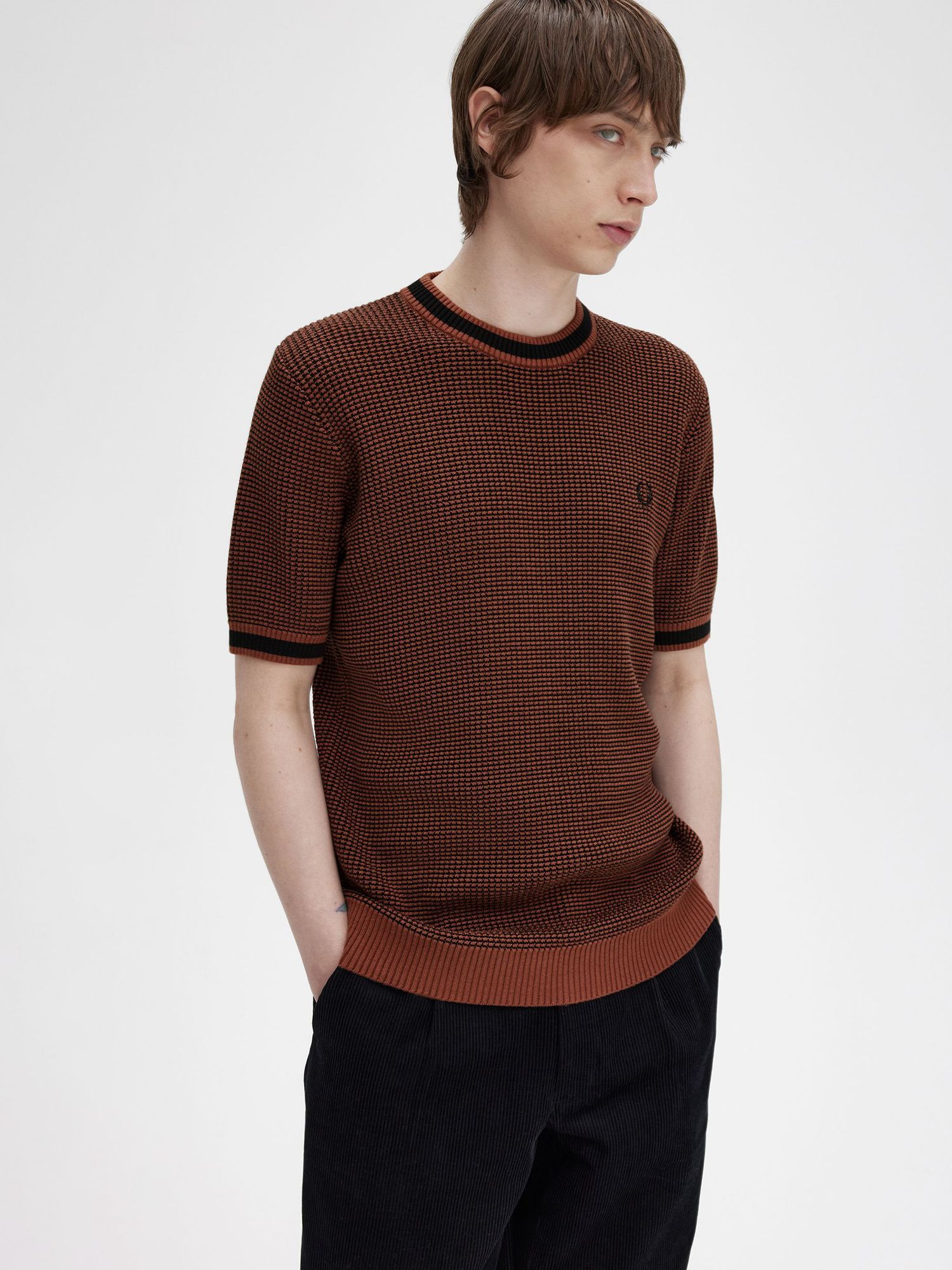 Fred Perry Stripe Knitted Cotton T-Shirt, Whiskey Brown, XL