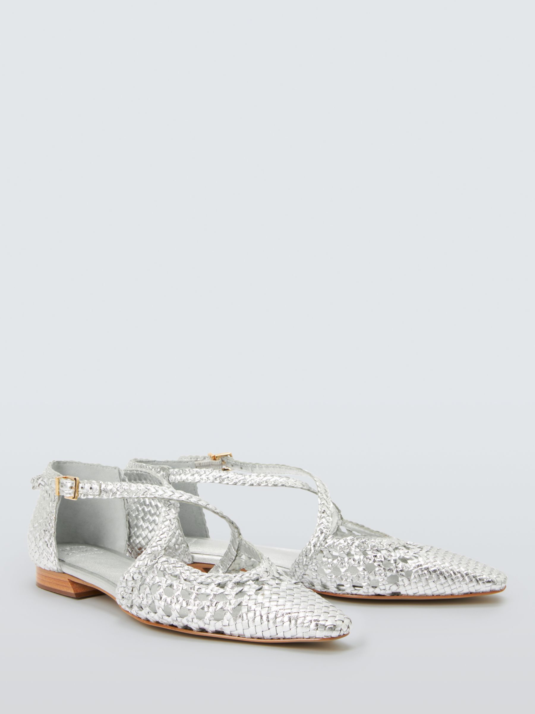 John Lewis Happie Leather Woven Cross Strap Pointed Flats, Silver, 8