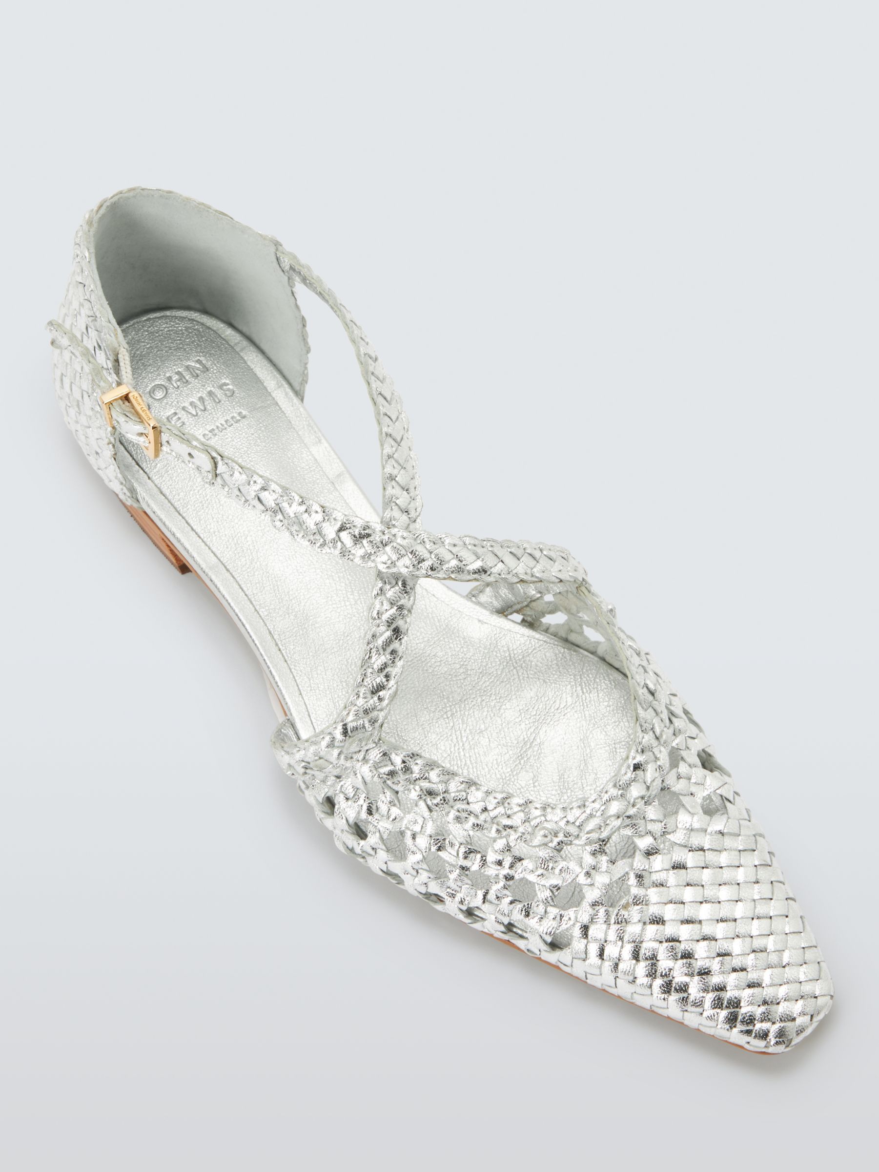 John Lewis Happie Leather Woven Cross Strap Pointed Flats, Silver, 8