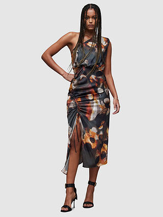AllSaints Laura Mars Abstract Print One Shoulder Midi Dress, Rust Brown