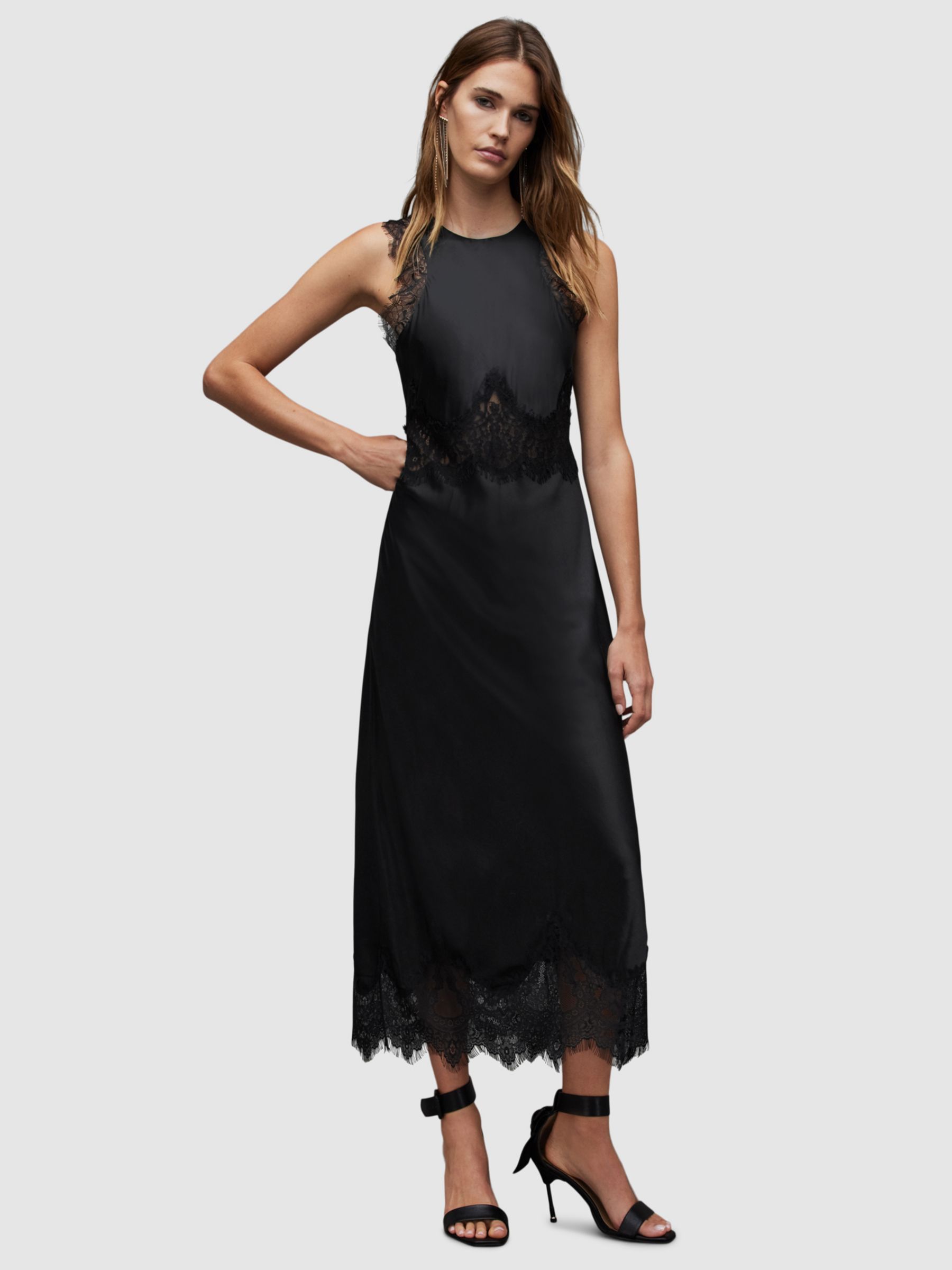 AllSaints Alula Lace Trim Silk Blend Midi Dress, Black, 10