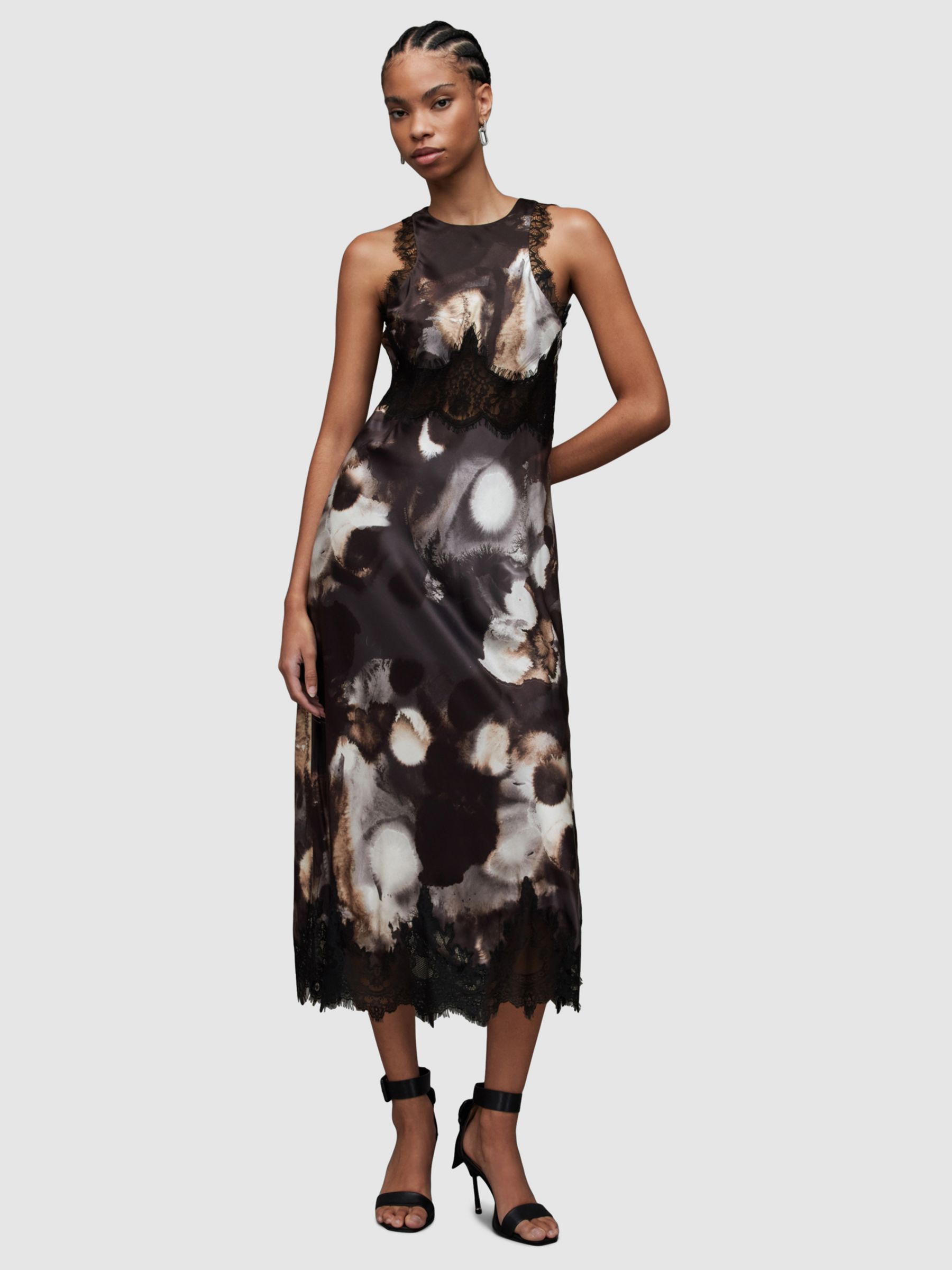 AllSaints Alula Lace Trim Abstract Print Silk Blend Midi Dress, Dark ...