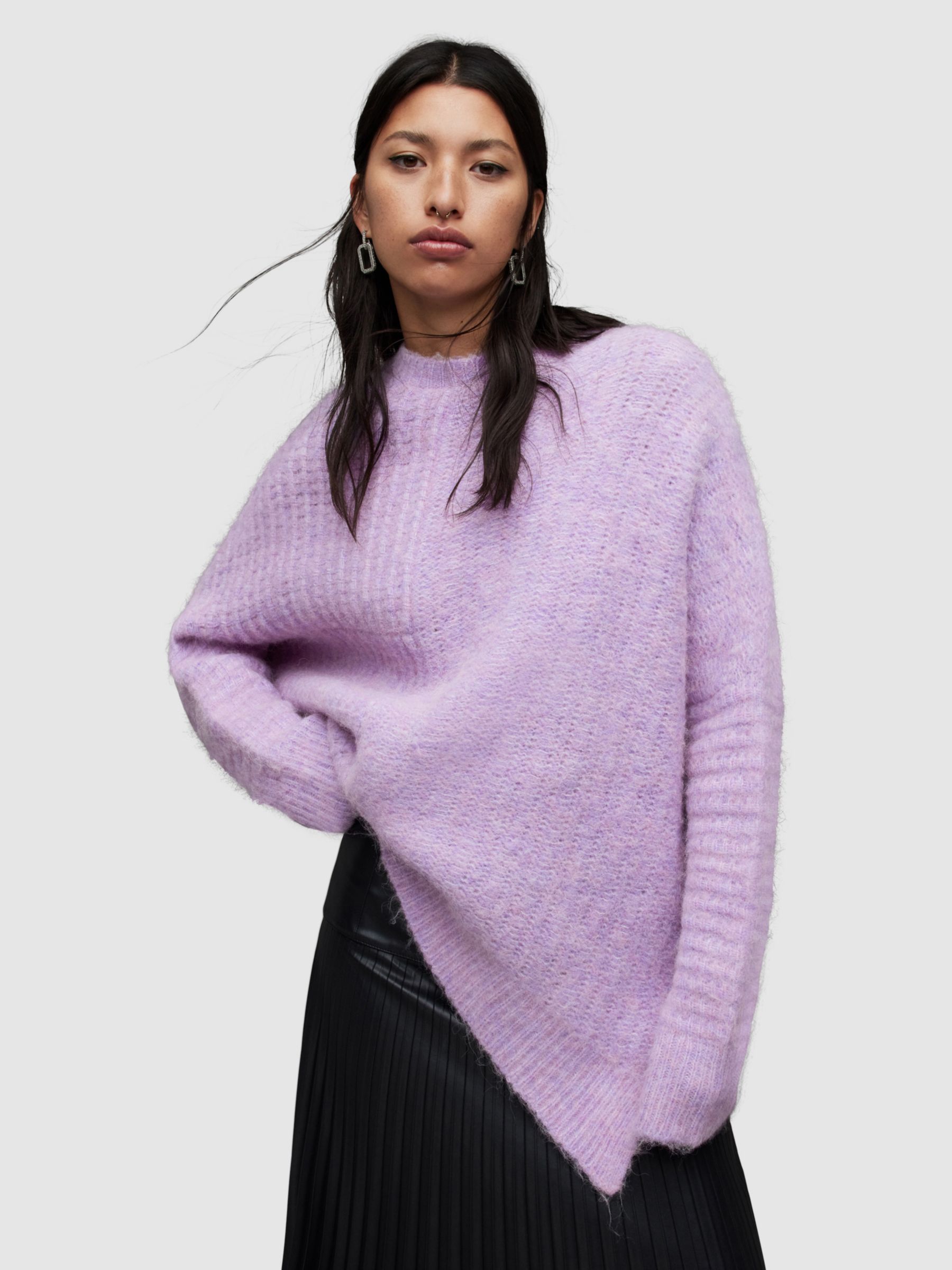 AllSaints Selena Asymmetric Hem Wool Blend Jumper, Lilac Haze at John ...