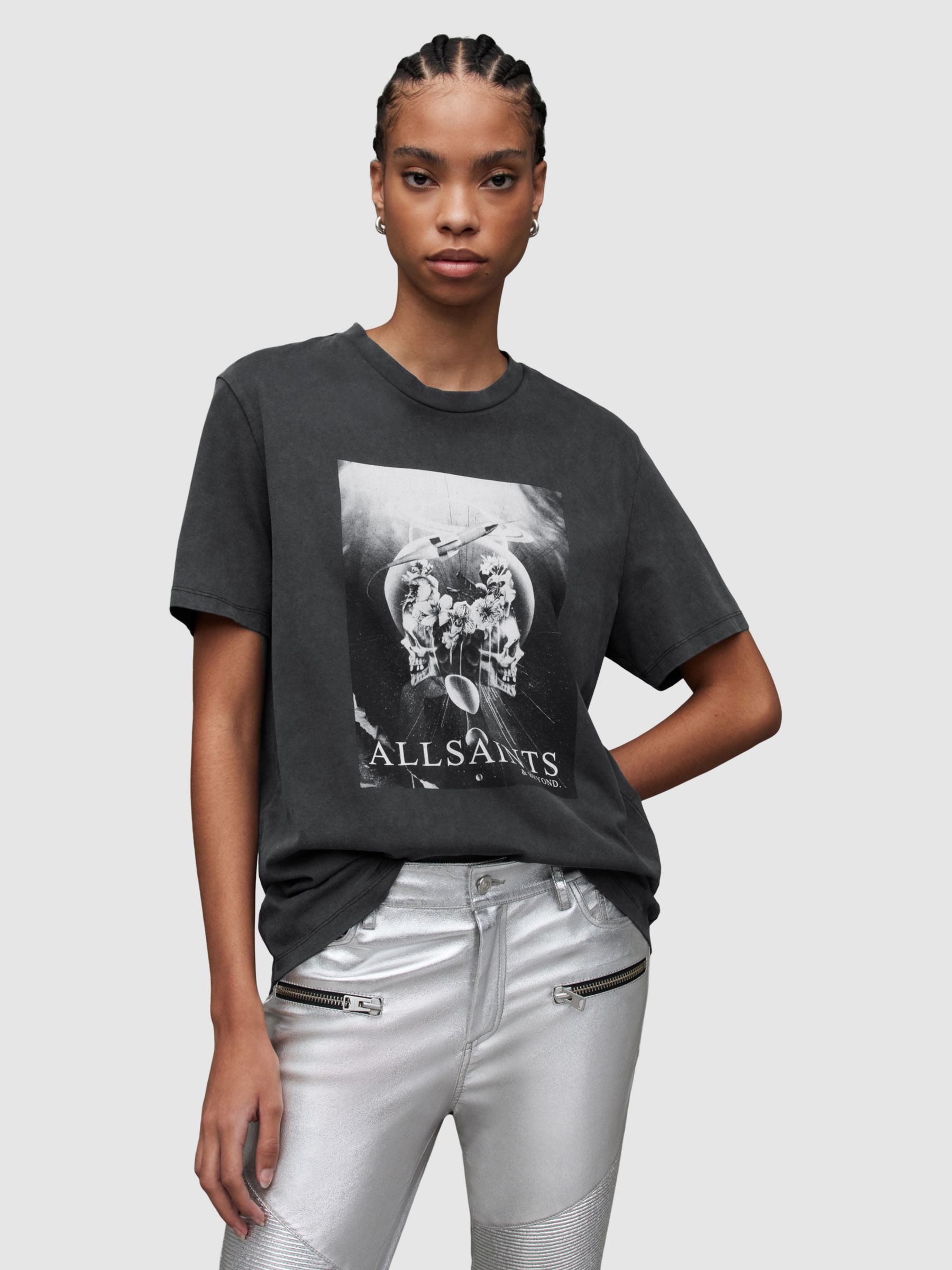 AllSaints Interskulla Boyfriend T-Shirt, Washed Black at John Lewis ...