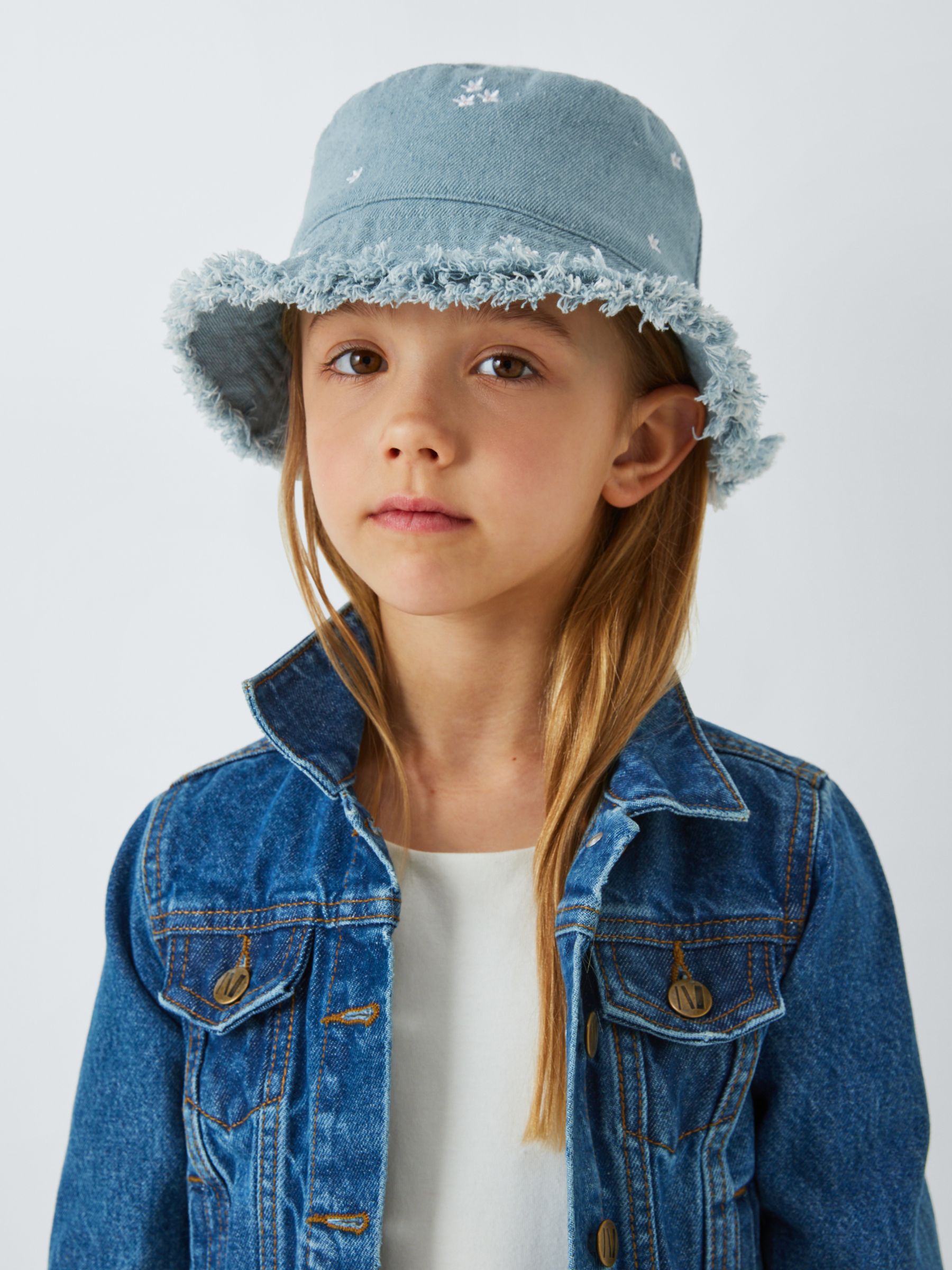 John Lewis Kids' Denim Floral Embroidered Bucket Hat, Blue Mid, 9-12 years