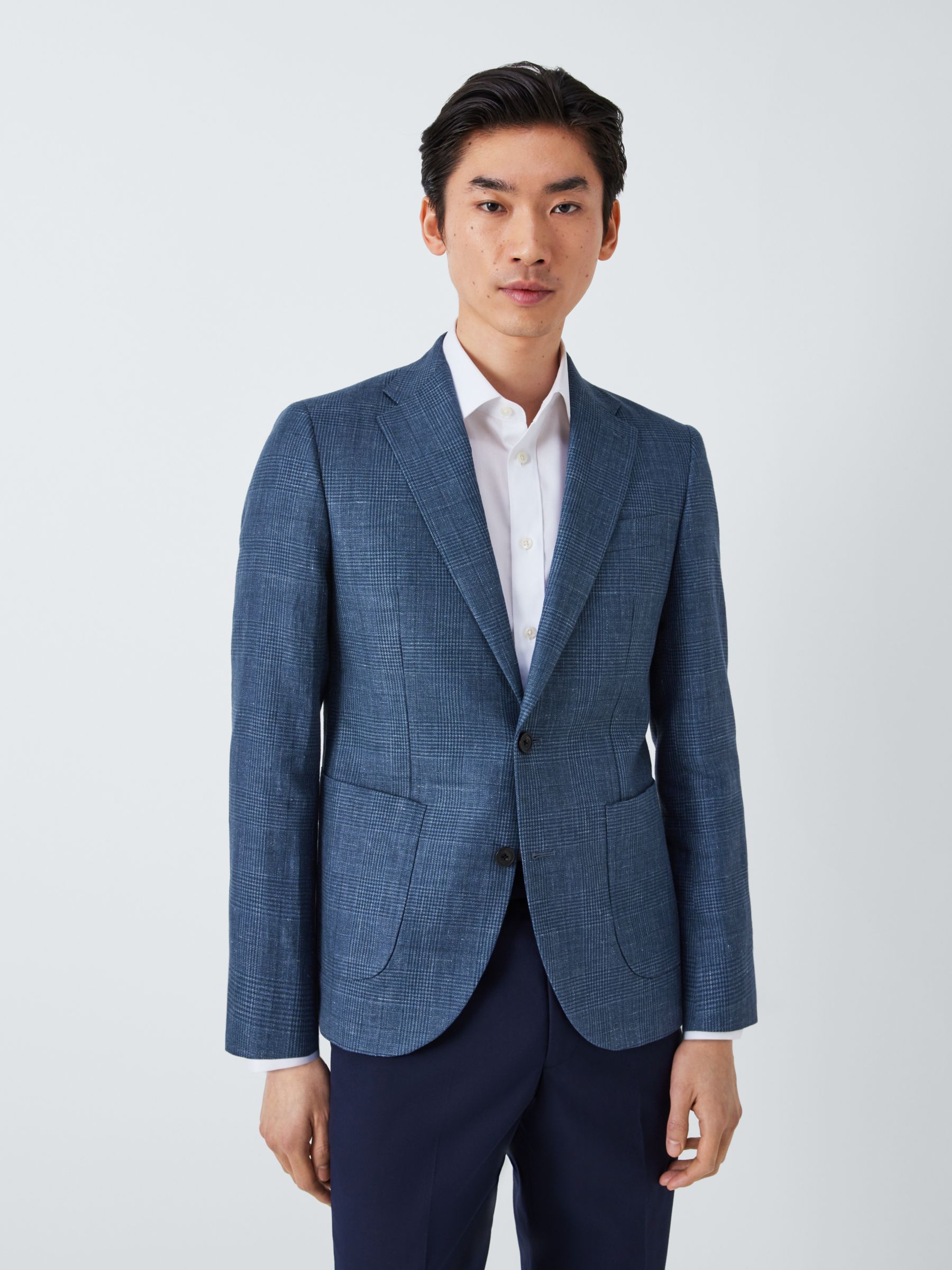 John Lewis Arundel Cotton Blend Check Regular Fit Blazer, Mid Blue, 46R