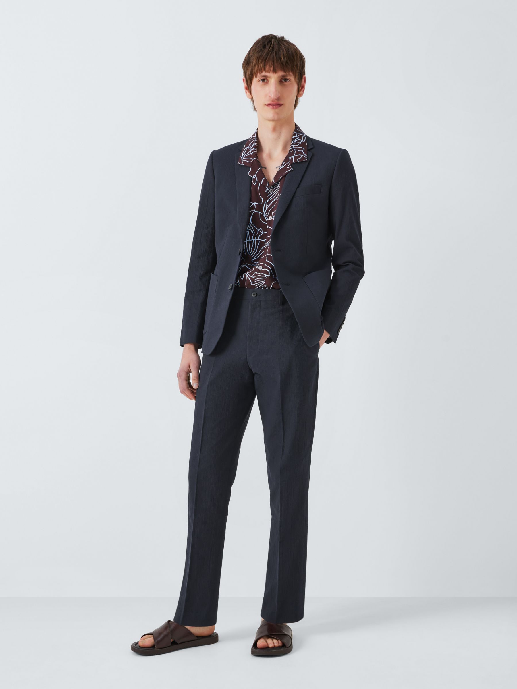 Kin Asher Cotton Seersucker Slim Fit Suit Trousers, Navy, 34S