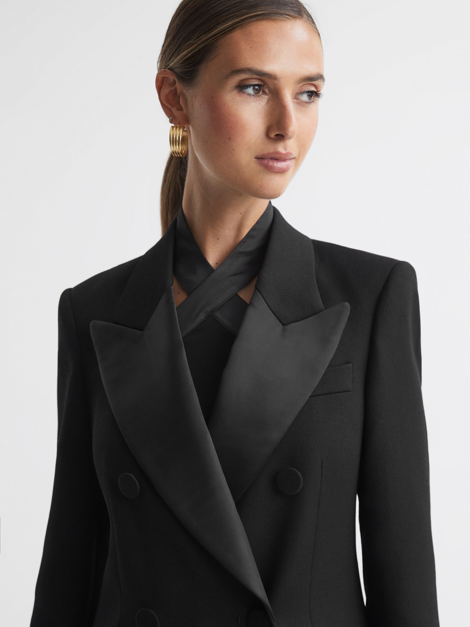 Reiss Maeve Double Breasted Wool Tuxedo Long Coat, Black