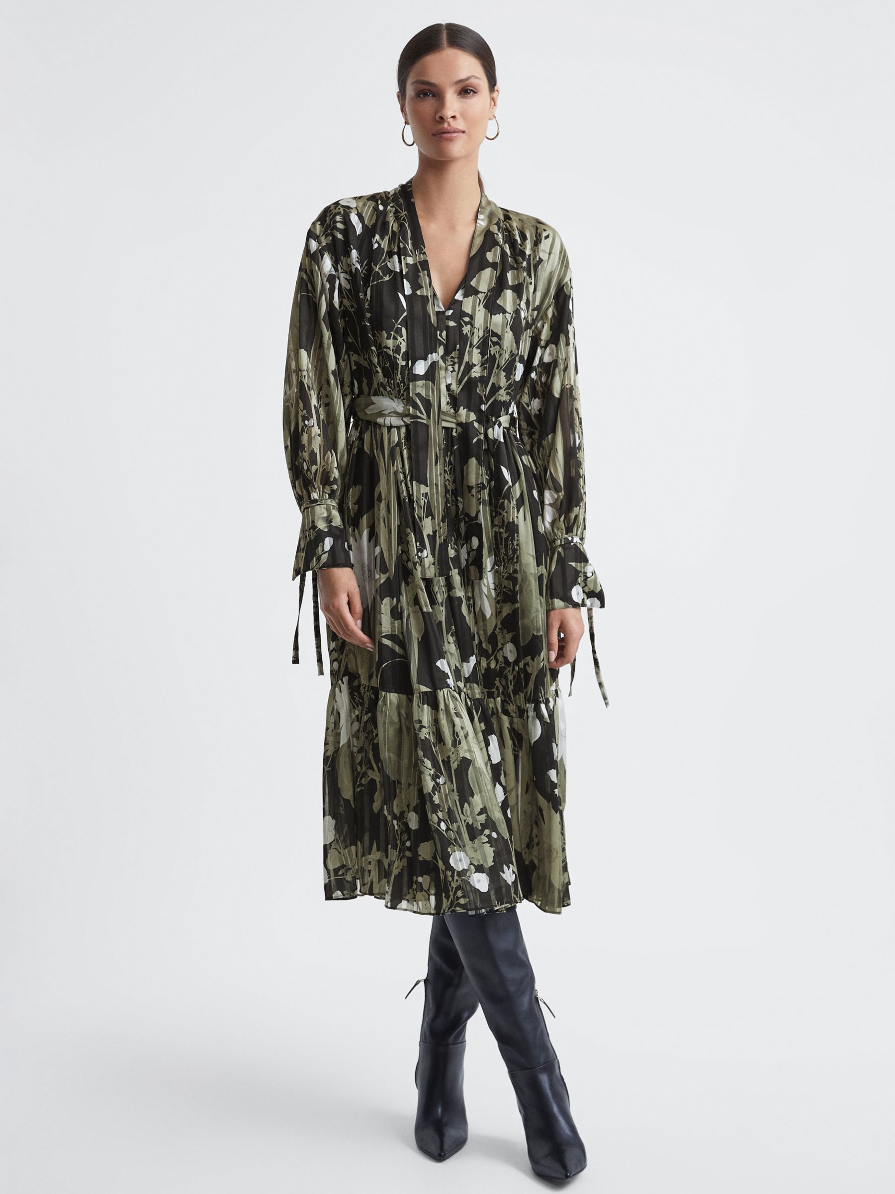 Reiss Lottie Floral Tied Neck Midi Dress, Green at John Lewis & Partners