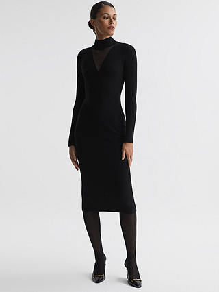 Reiss Sabrina Rib Knit Mesh Panel Bodycon Midi Dress, Black