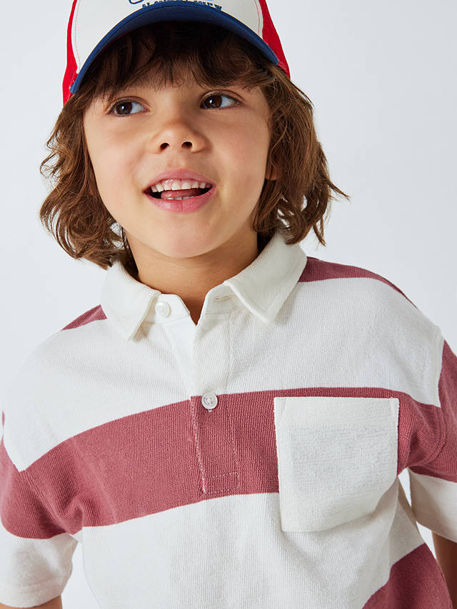 John Lewis Kids' Block Stripe Pocket Polo Shirt, Red/Multi