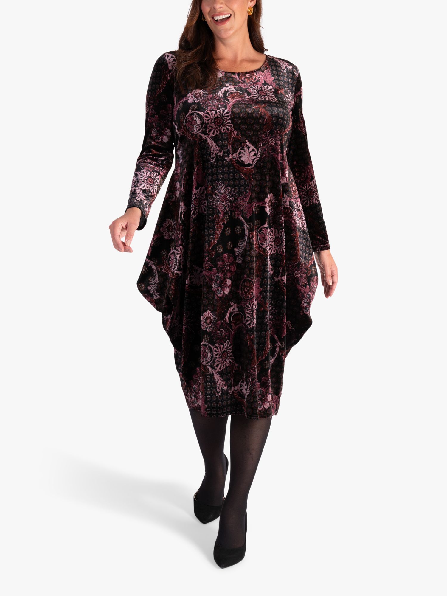 Chesca Renaissance Print Velvet Drape Midi Dress, Black/Pink/Claret