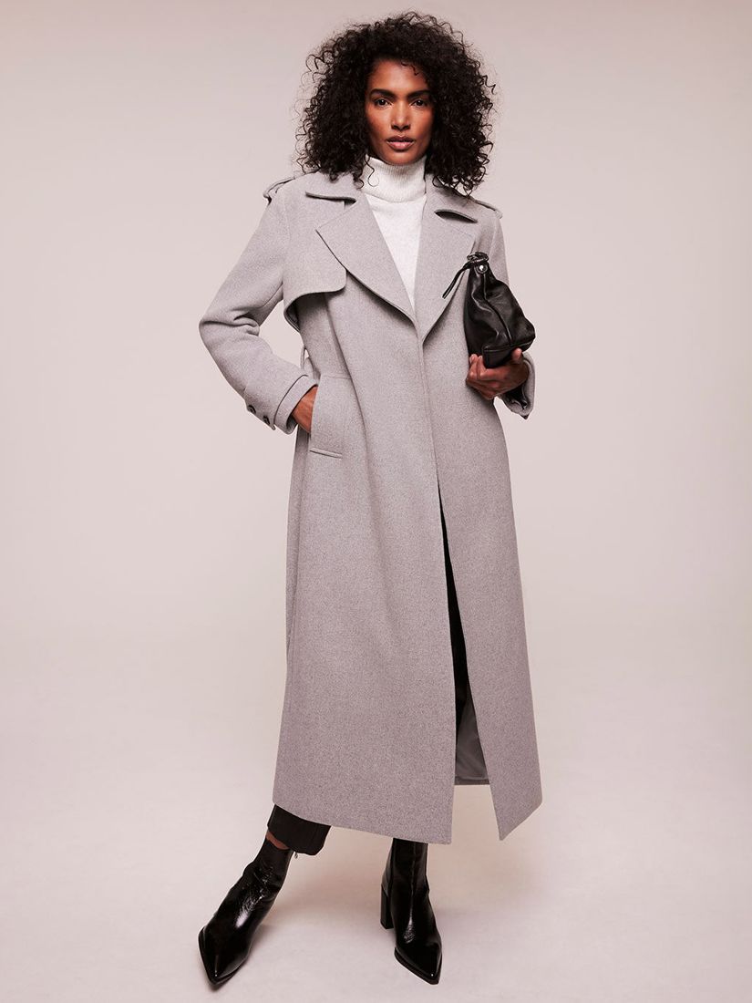 Mint Velvet Long Wool Blend Trench Coat, Light Grey, XS