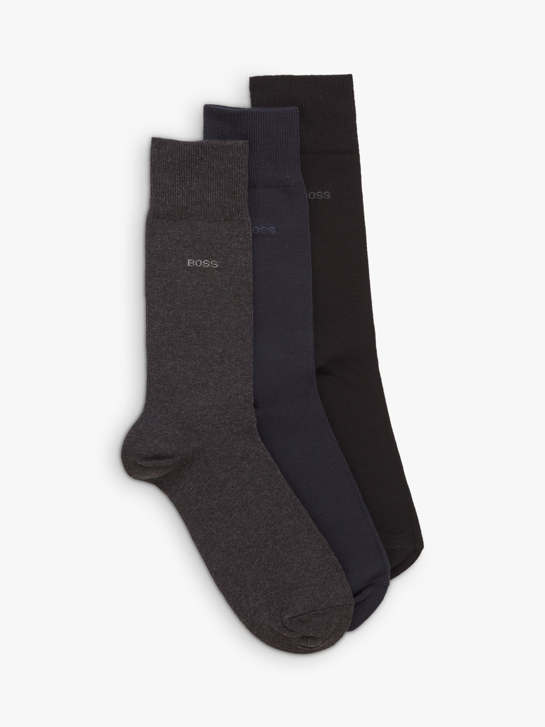 BOSS Ribbed Iconic Logo Cotton Blend Socks, Pack of 3, Black/Blue/Grey, S-M