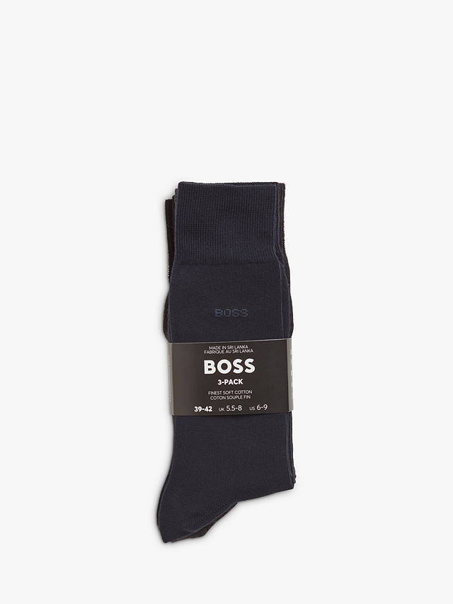 BOSS Ribbed Iconic Logo Cotton Blend Socks, Pack of 3, Black/Blue/Grey
