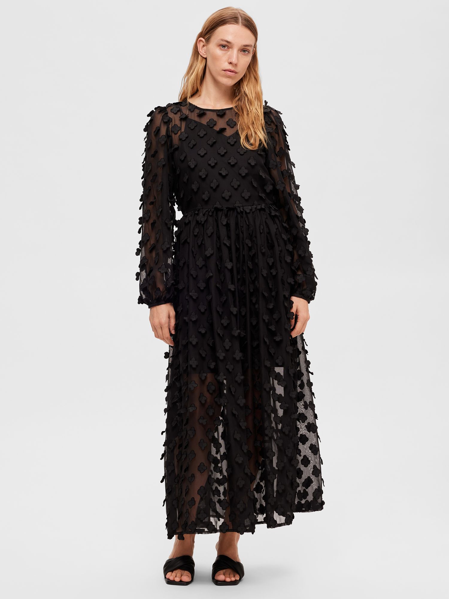 SELECTED FEMME Sheer Textured Maxi Dress, Black