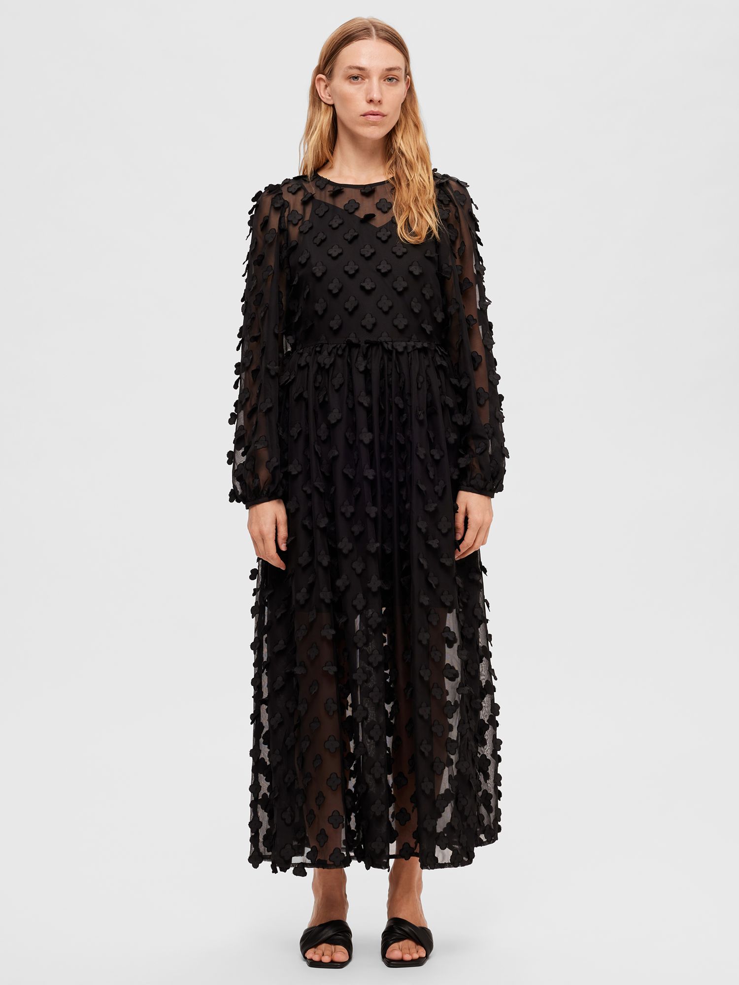 SELECTED FEMME Sheer Textured Maxi Dress, Black at John Lewis & Partners