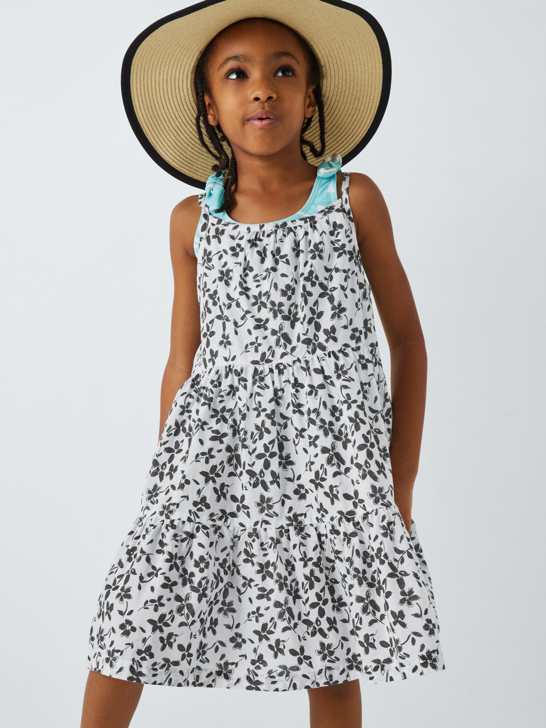 John Lewis Kids' Monochrome Floral Tiered Beach Dress, White/Black, 12 years
