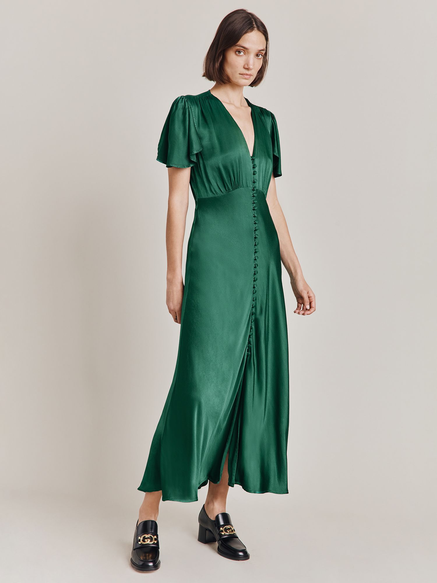 Ghost Grace Satin Swing Midi Dress, Dark Green, XS