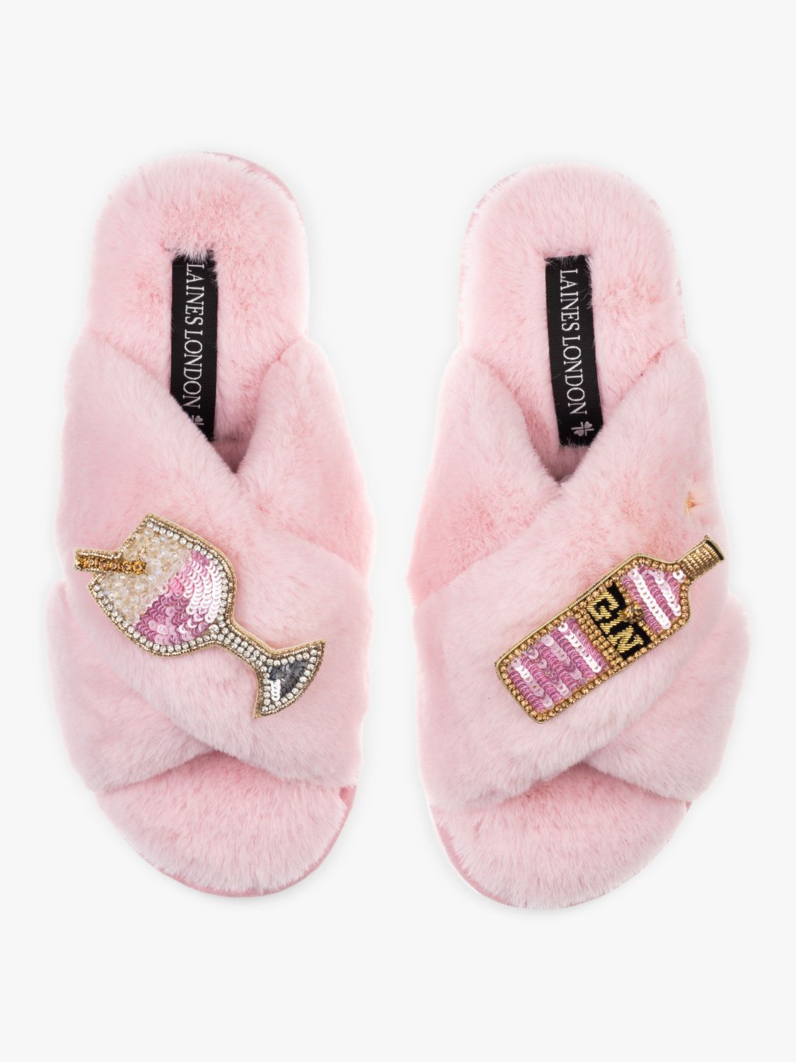 Laines London Pink Gin Brooch Faux Fur Slippers, Pink at John Lewis ...