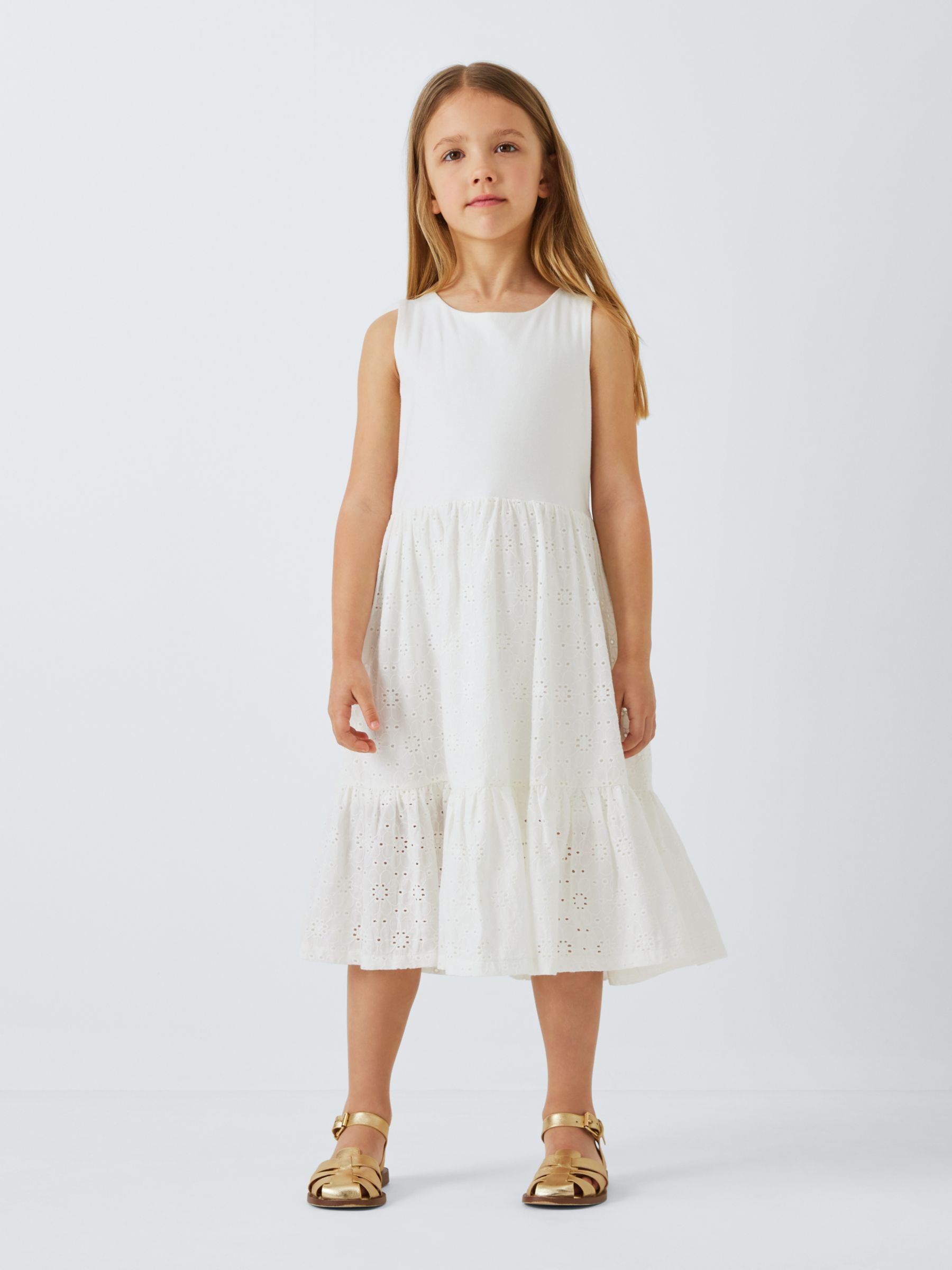 John Lewis Kids' Broderie Anglaise Tiered Dress, Snow White, 12 years