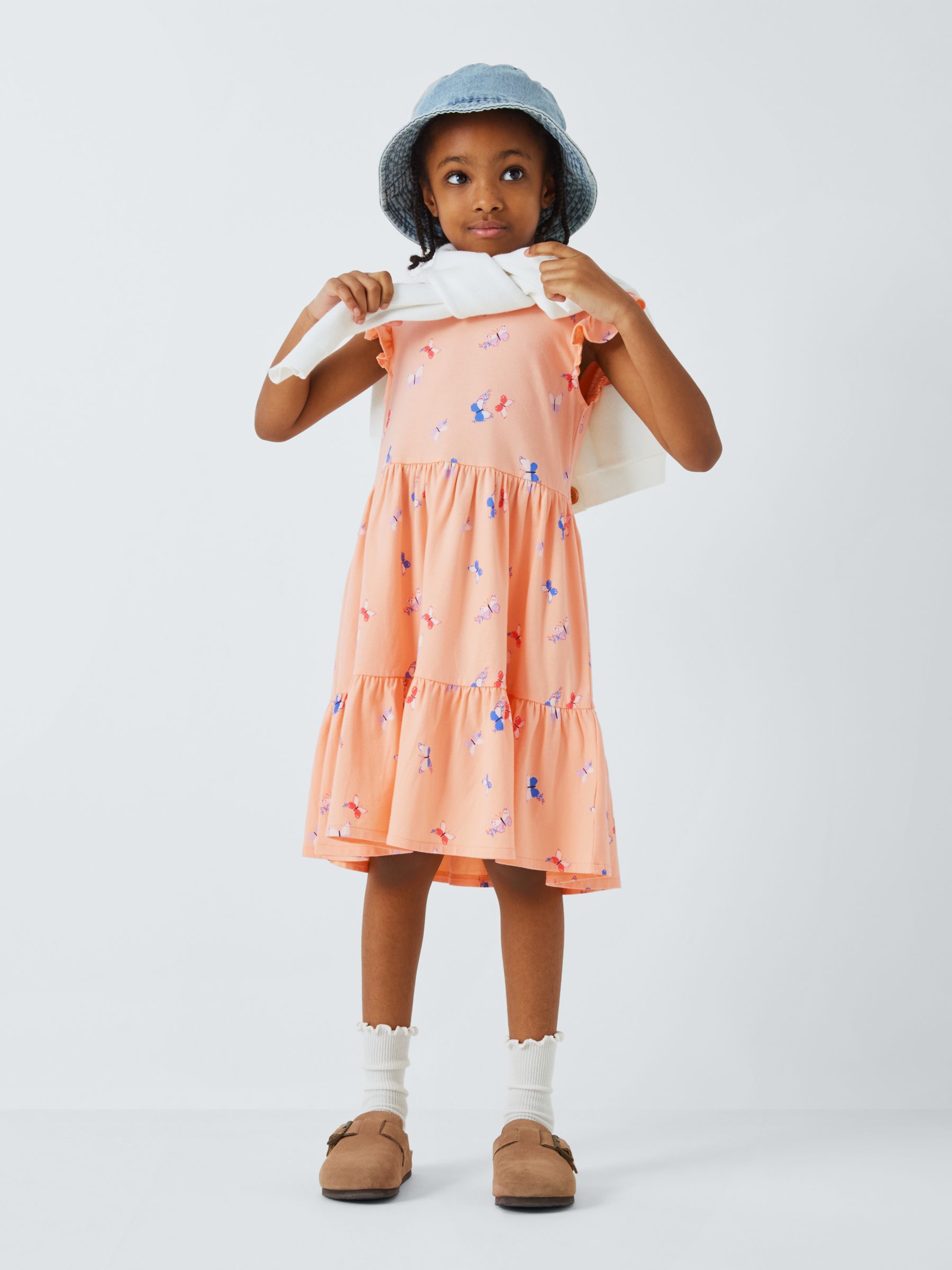 John Lewis Kids' Butterfly Print Jersey Tiered Dress, Peach Parfait, 4 years