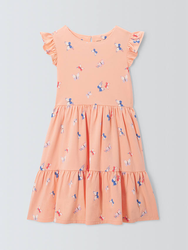 John Lewis Kids' Butterfly Print Jersey Tiered Dress, Peach Parfait