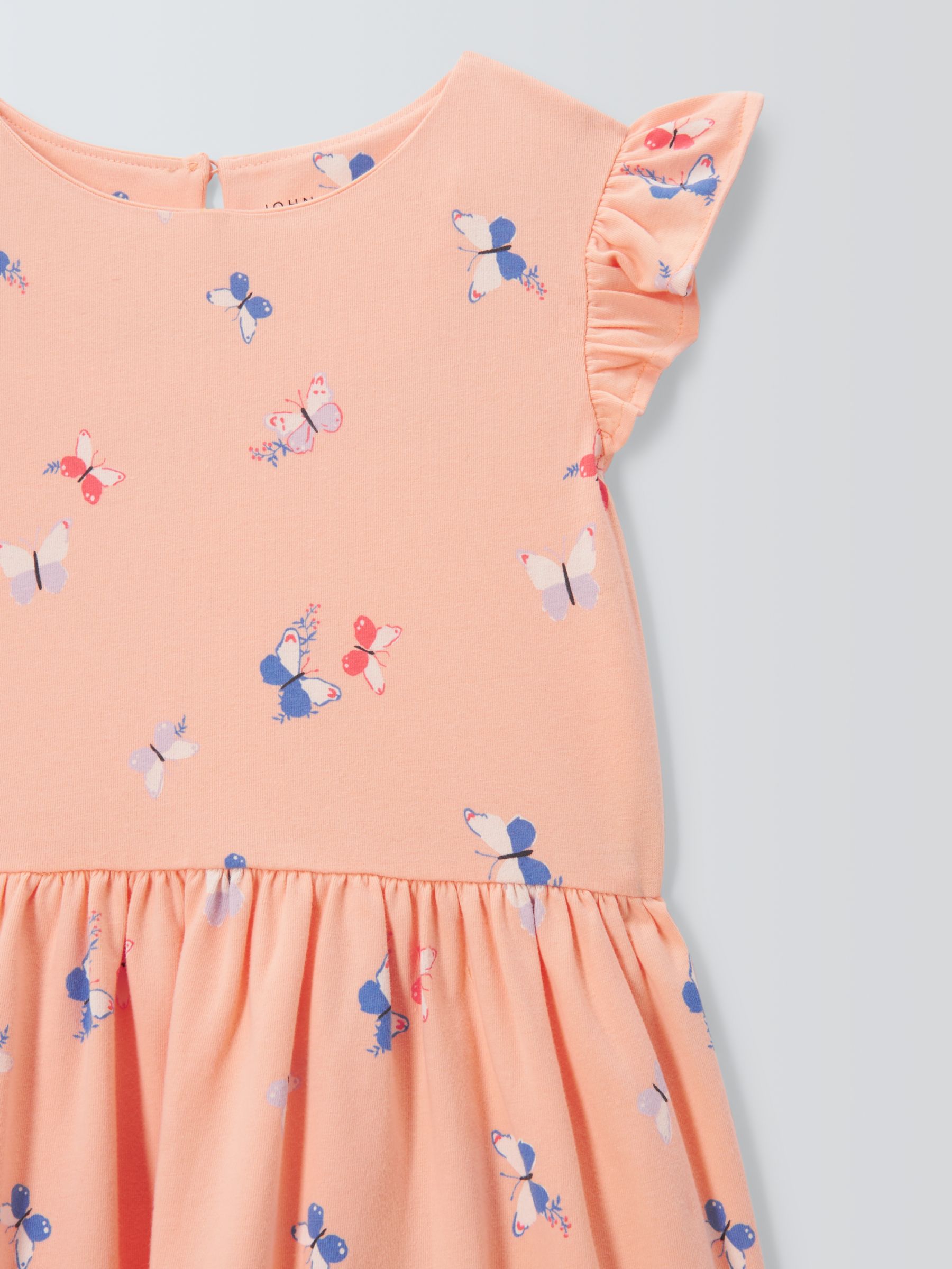 John Lewis Kids' Butterfly Print Jersey Tiered Dress, Peach Parfait, 4 years