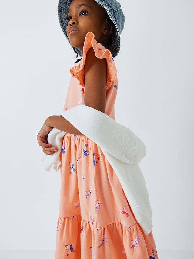 John Lewis Kids' Butterfly Print Jersey Tiered Dress, Peach Parfait
