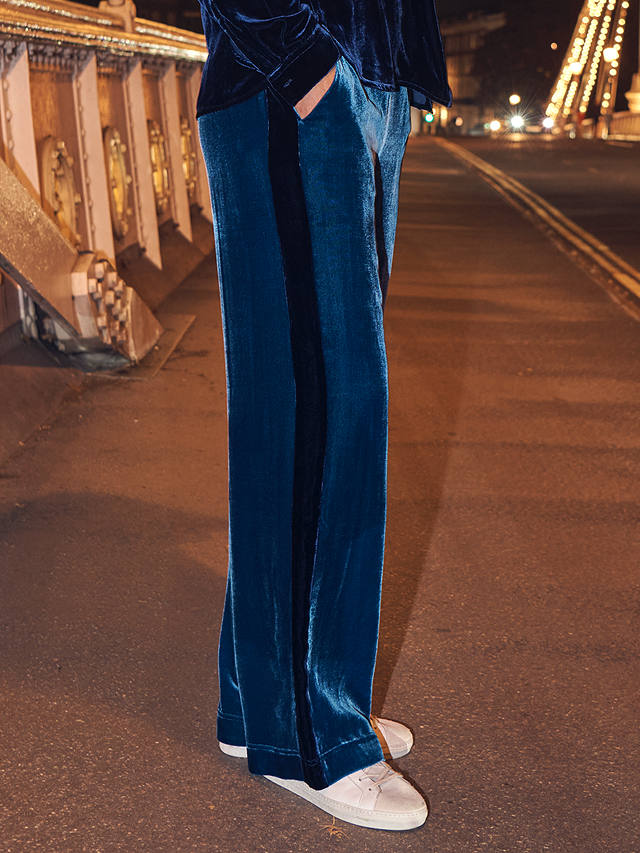 NRBY Thea Side Stripe Silk Blend Velvet Trousers, Peacock Midnight