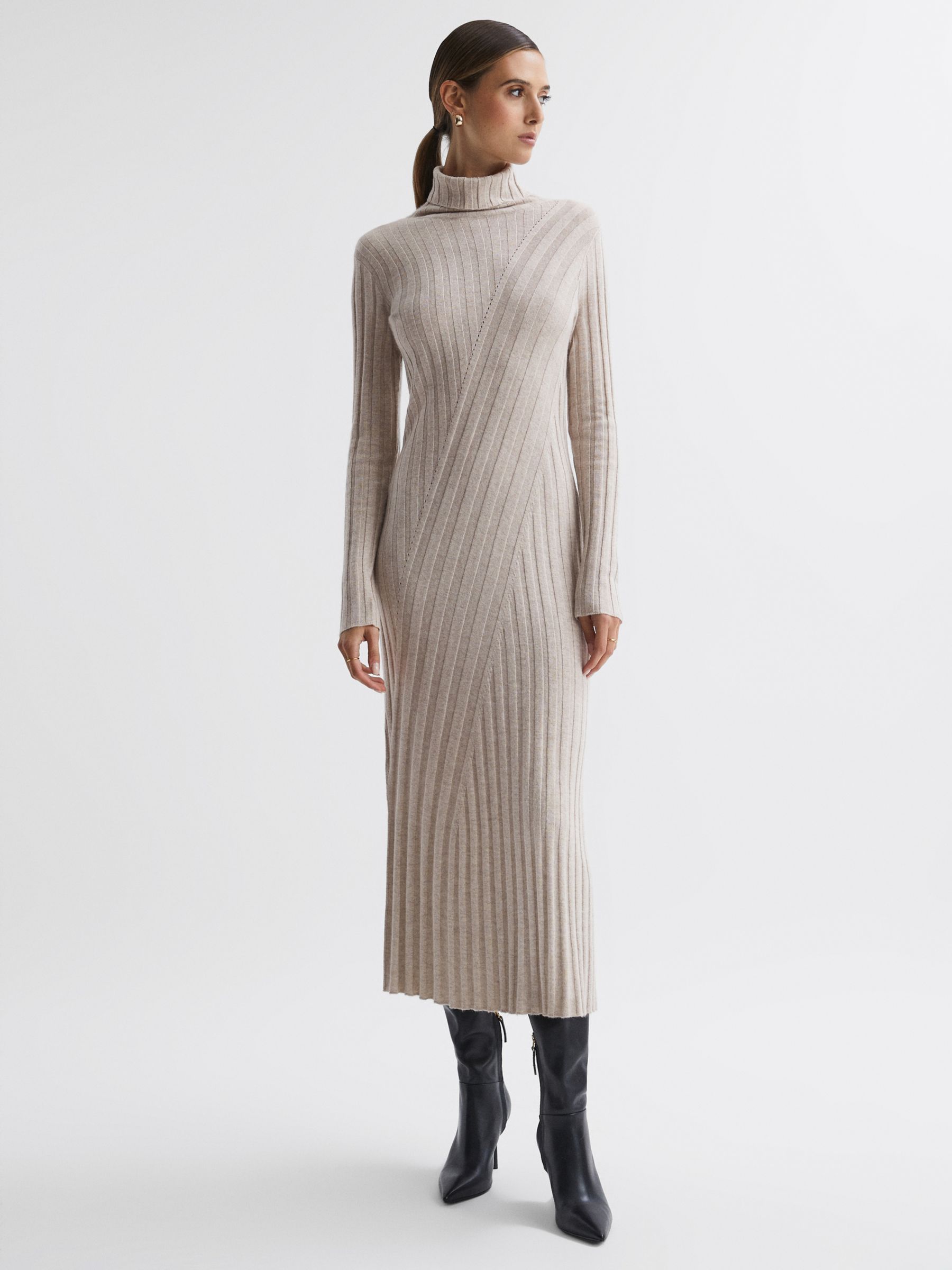 Reiss Petite Cady Wool Blend Midi Jumper Dress, Stone, XS