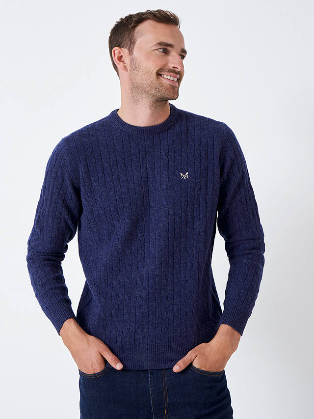Crew Clothing Lambswool Blend Cable Knit Crew Neck Jumper, Navy Blue at ...