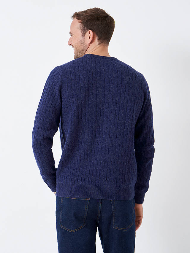 Crew Clothing Lambswool Blend Cable Knit Crew Neck Jumper, Navy Blue at ...