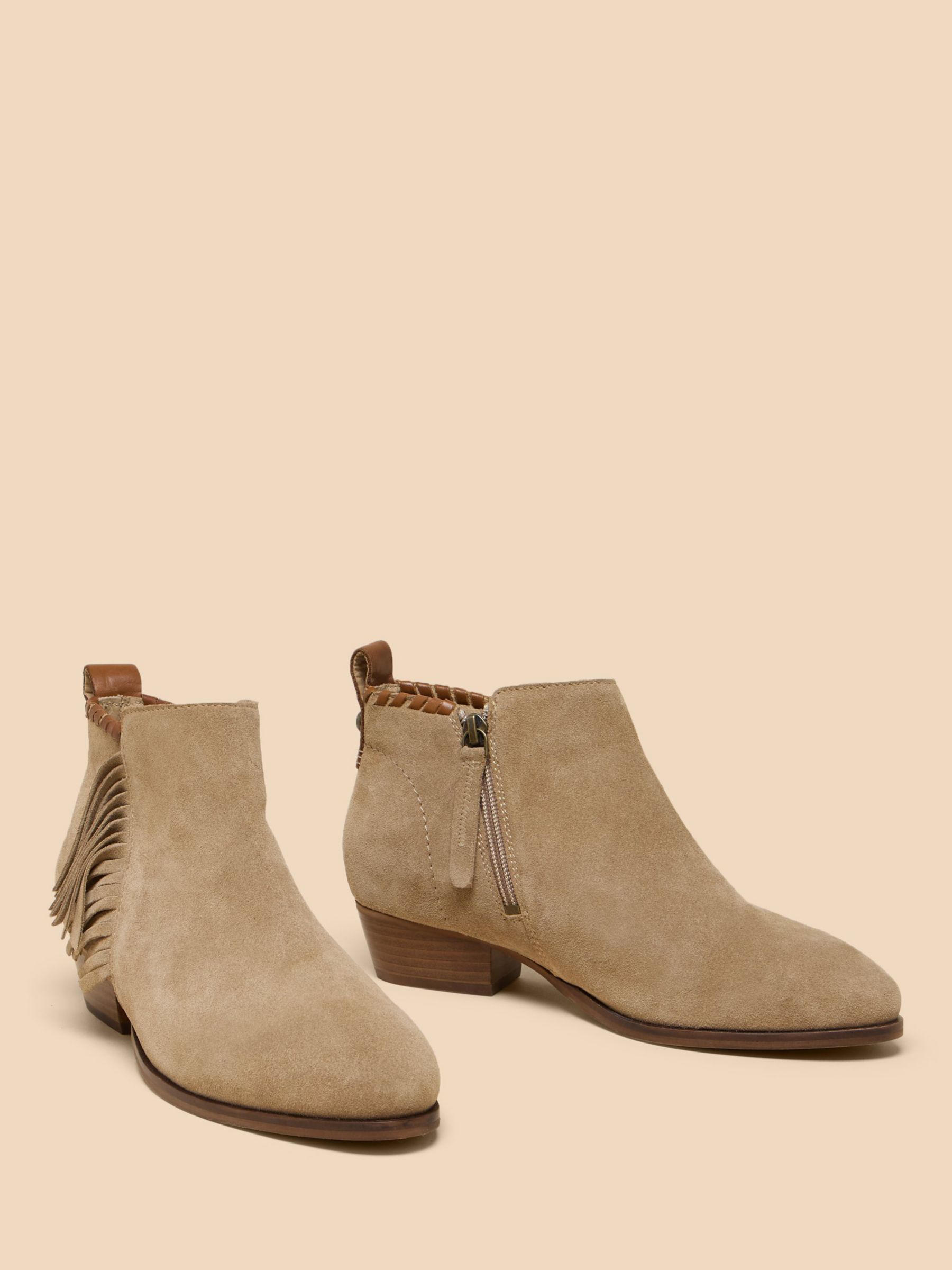 White Stuff  Acacia Suede Fringe Ankle Boots, Light Natural, 3