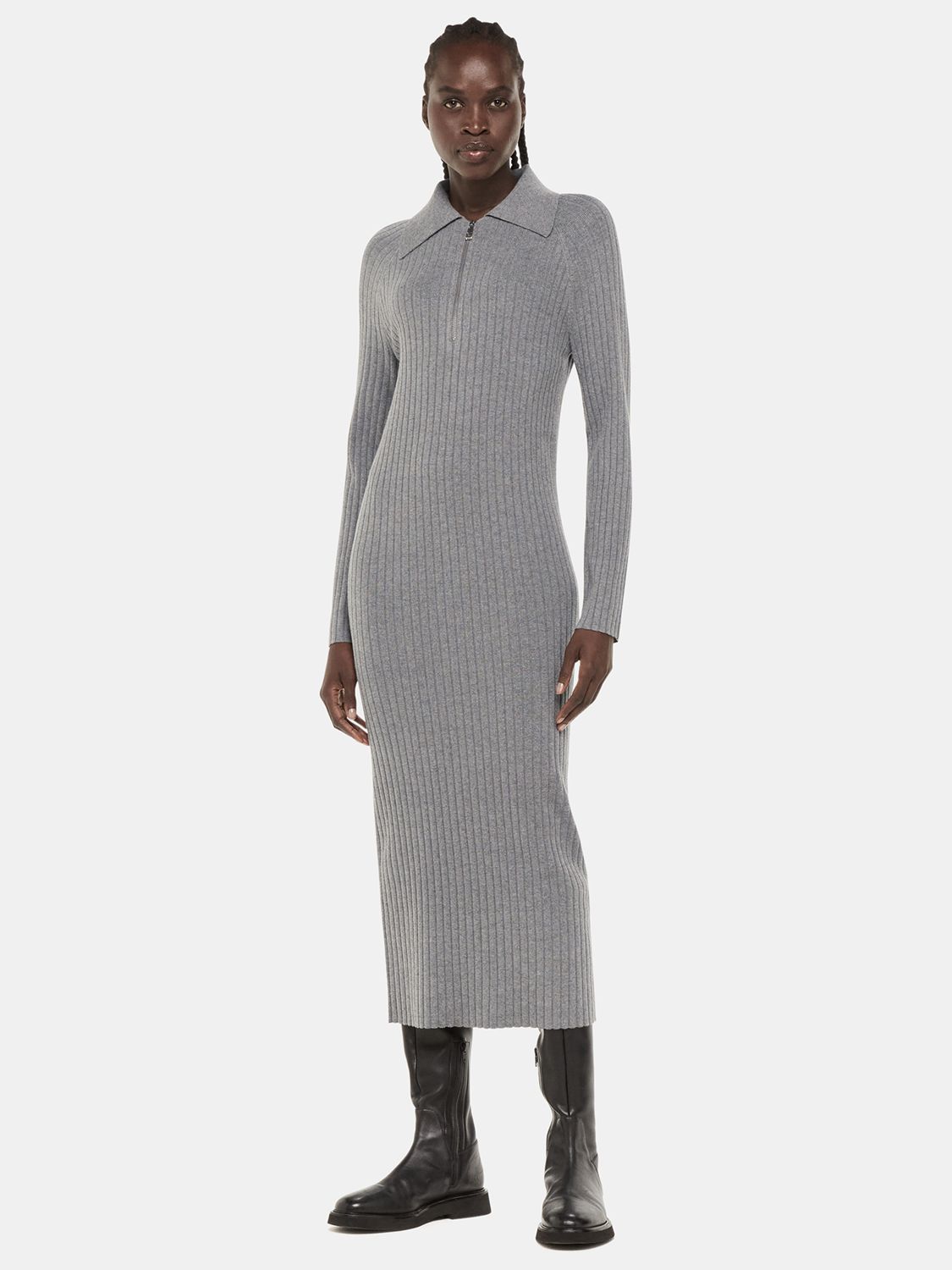 Grey Marl V Neck Knitted Dress, WHISTLES
