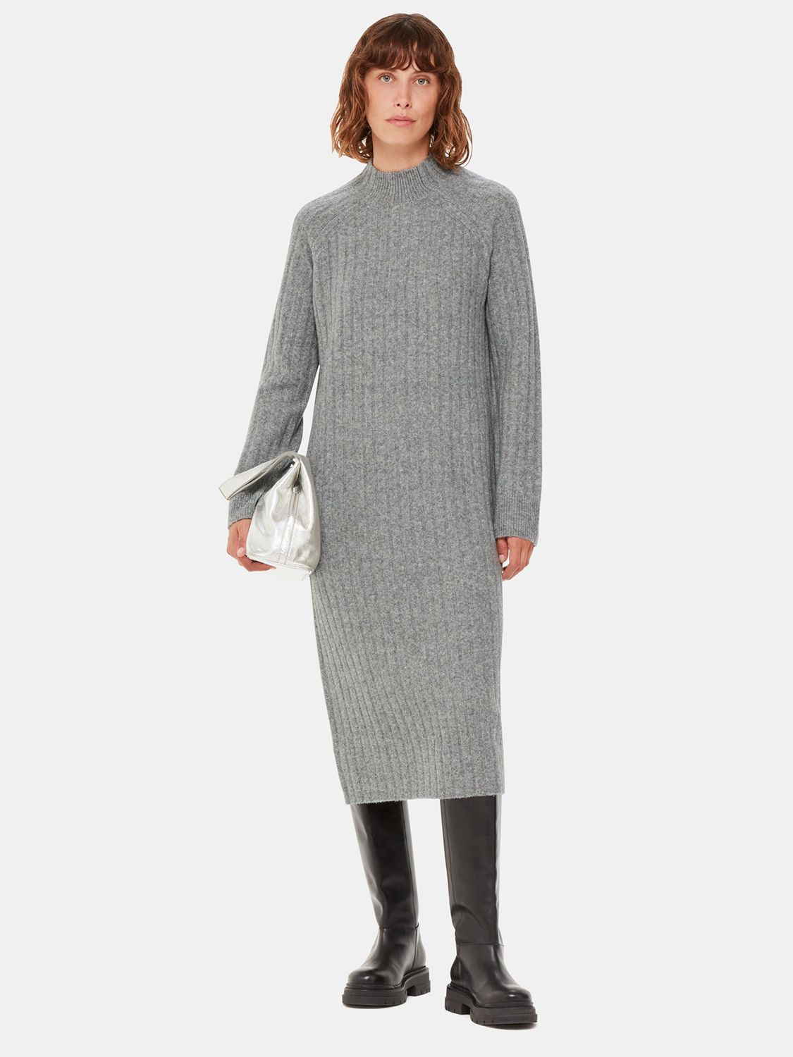 Whistles Ribbed Knitted Midi Dress, Grey at John Lewis & Partners