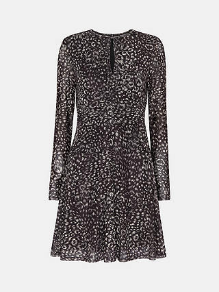 Whistles Feather Leopard Flippy Mini Dress, Black/Multi