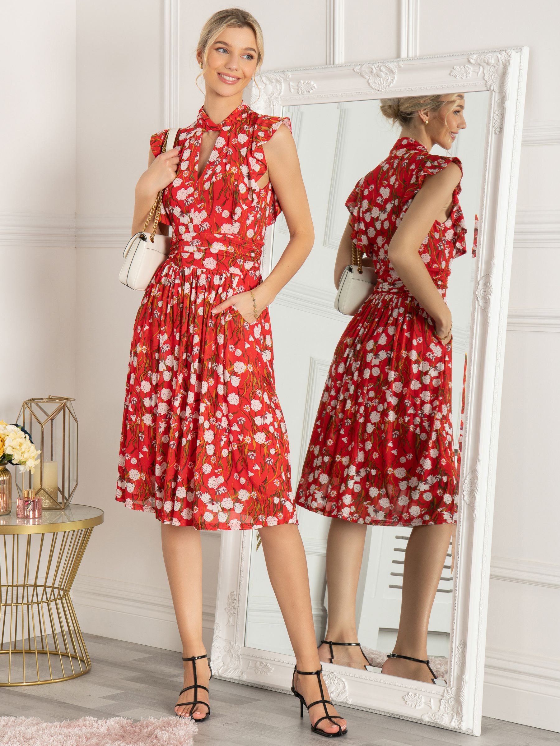 Buy Jolie Moi Alaine Frill Sleeve Floral Midi Dress, Red/Multi Online at johnlewis.com