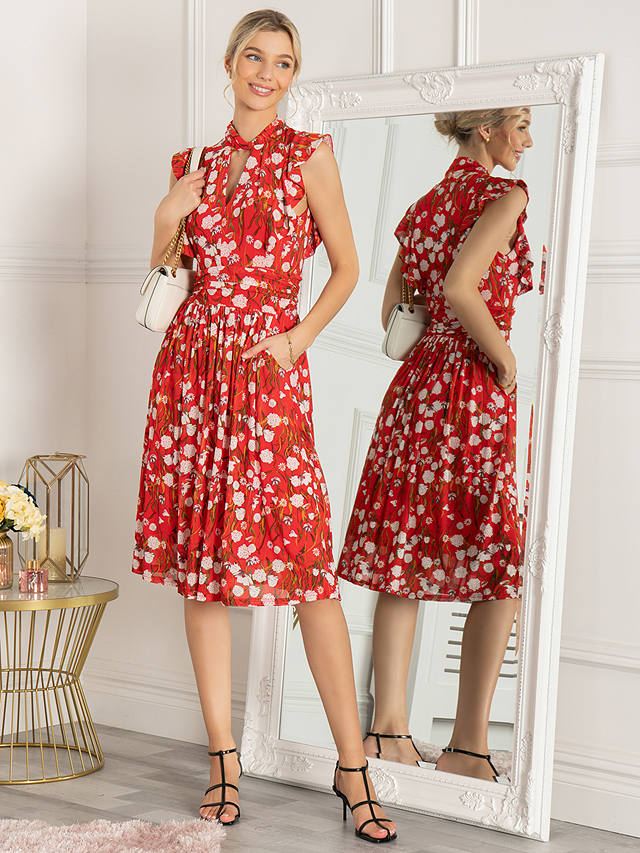 Jolie Moi Alaine Frill Sleeve Floral Midi Dress, Red/Multi