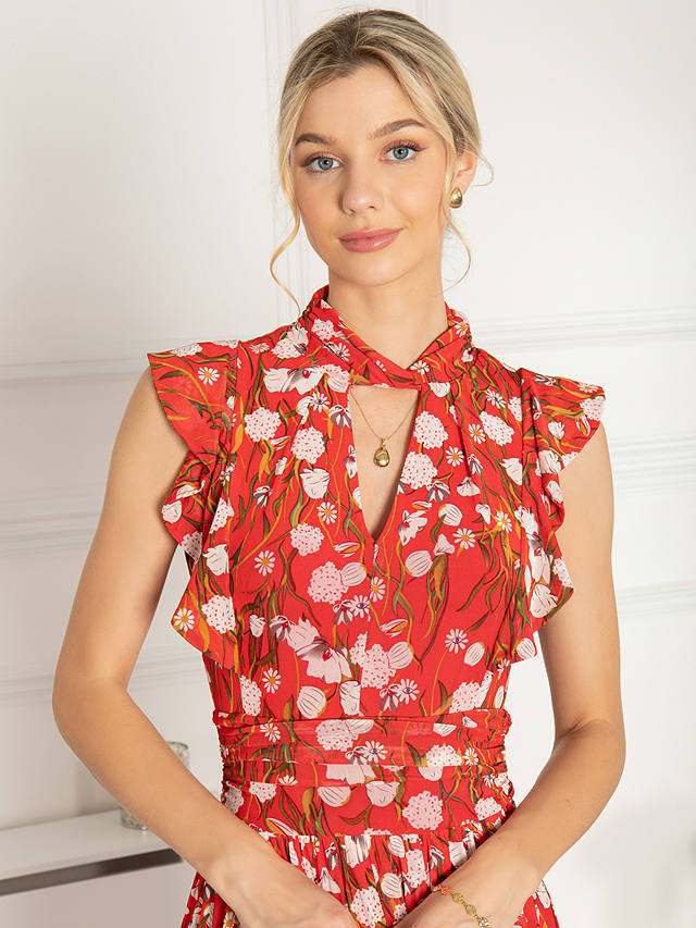 Jolie Moi Alaine Frill Sleeve Floral Midi Dress, Red/Multi