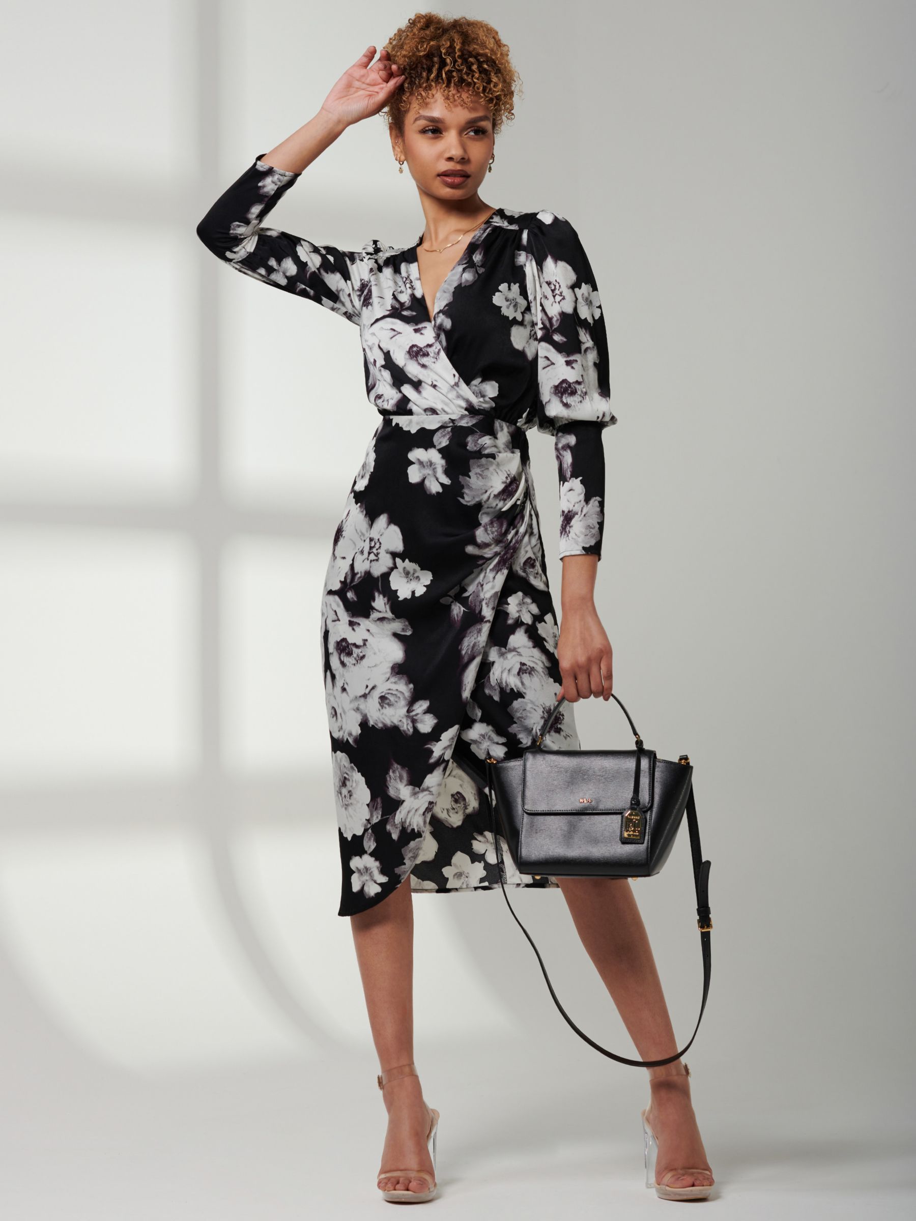 Buy Jolie Moi Floral Print Satin Bodycon Wrap Dress, Black/Multi Online at johnlewis.com