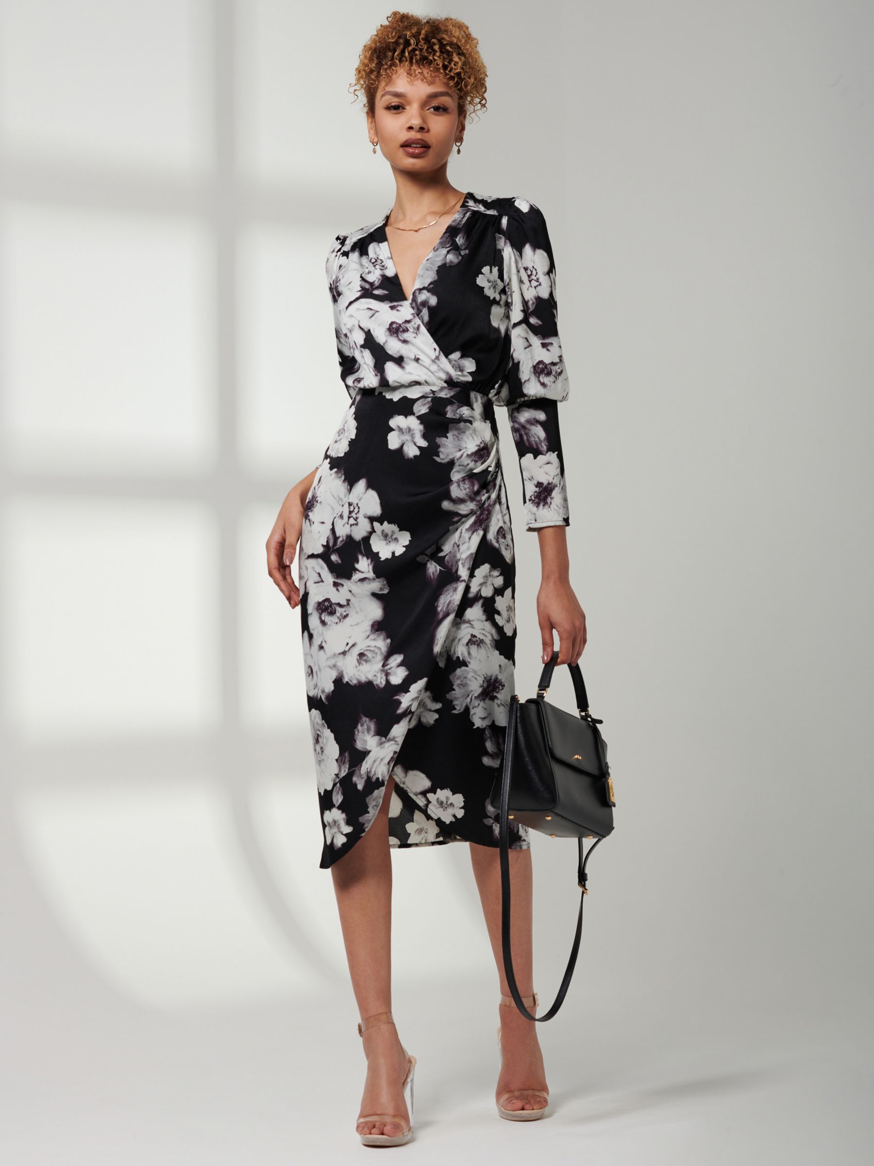 Buy Jolie Moi Floral Print Satin Bodycon Wrap Dress, Black/Multi Online at johnlewis.com