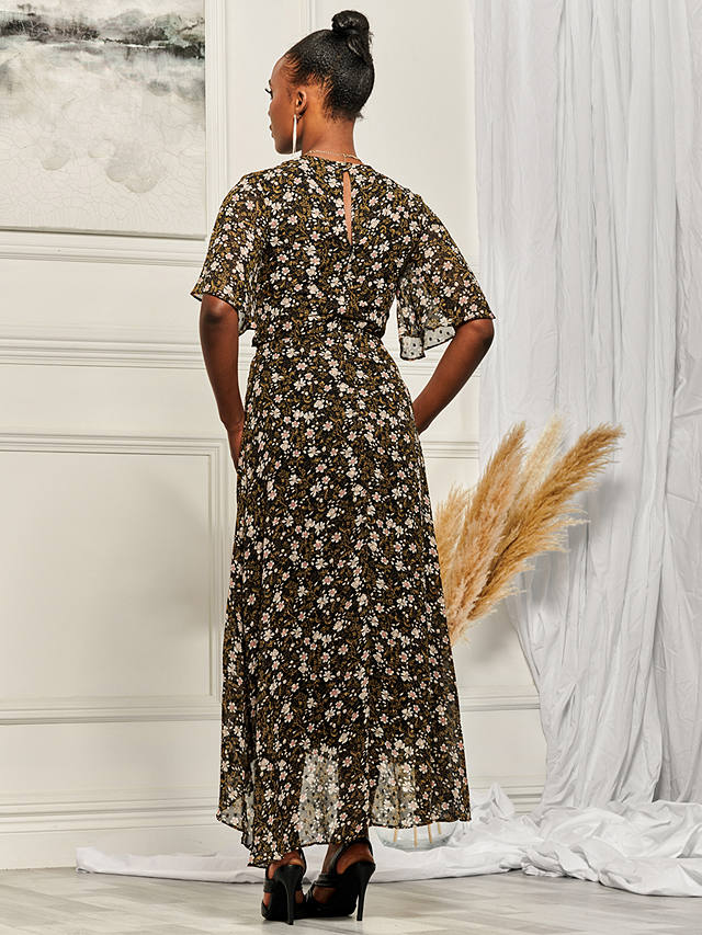Jolie Moi Angel Sleeve Wrap Tie Front Maxi Dress, Black/Multi