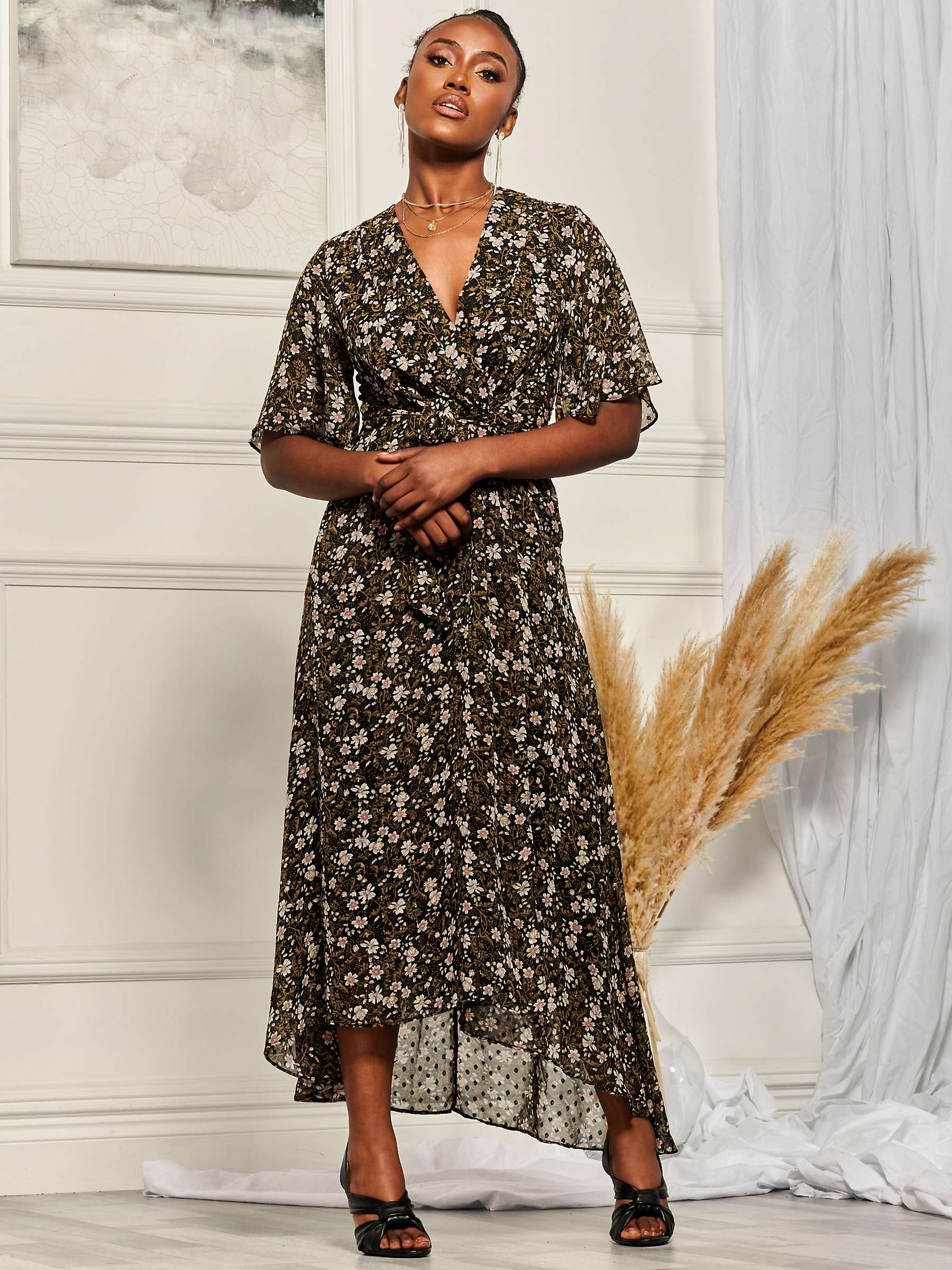 Buy Jolie Moi Angel Sleeve Wrap Tie Front Maxi Dress, Black/Multi Online at johnlewis.com