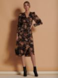 Jolie Moi Sketch Floral Print Satin Bodycon Wrap Dress, Brown/Multi, Brown/Multi