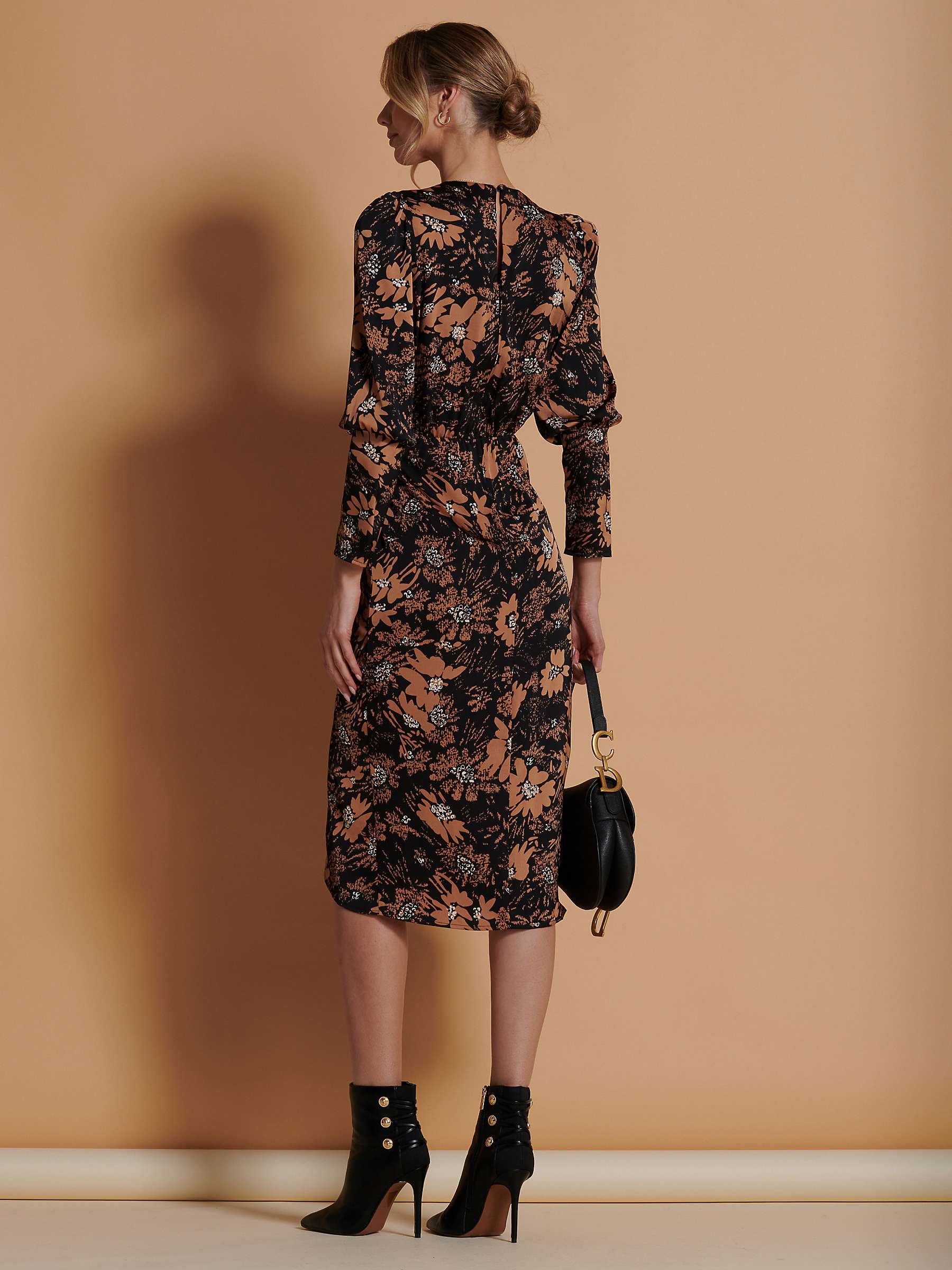 Buy Jolie Moi Sketch Floral Print Satin Bodycon Wrap Dress, Brown/Multi Online at johnlewis.com