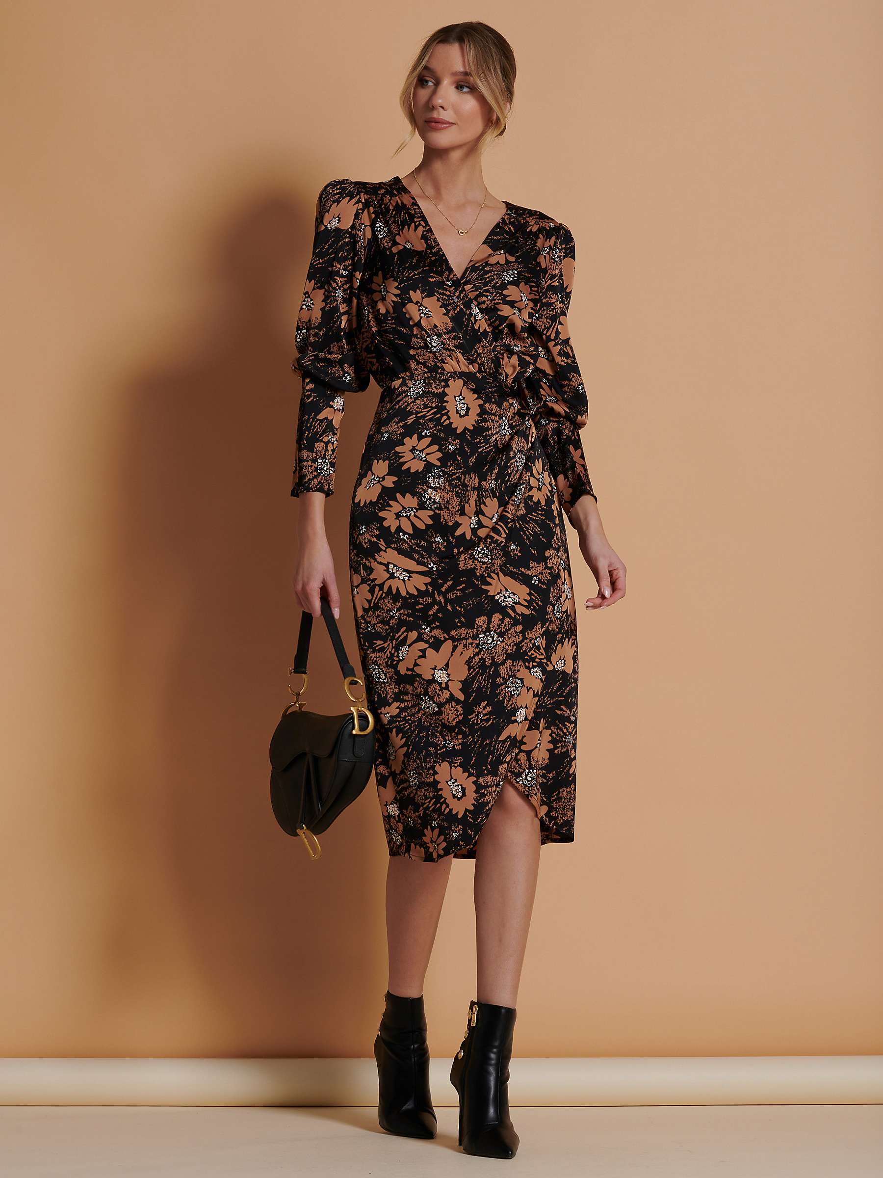 Buy Jolie Moi Sketch Floral Print Satin Bodycon Wrap Dress, Brown/Multi Online at johnlewis.com