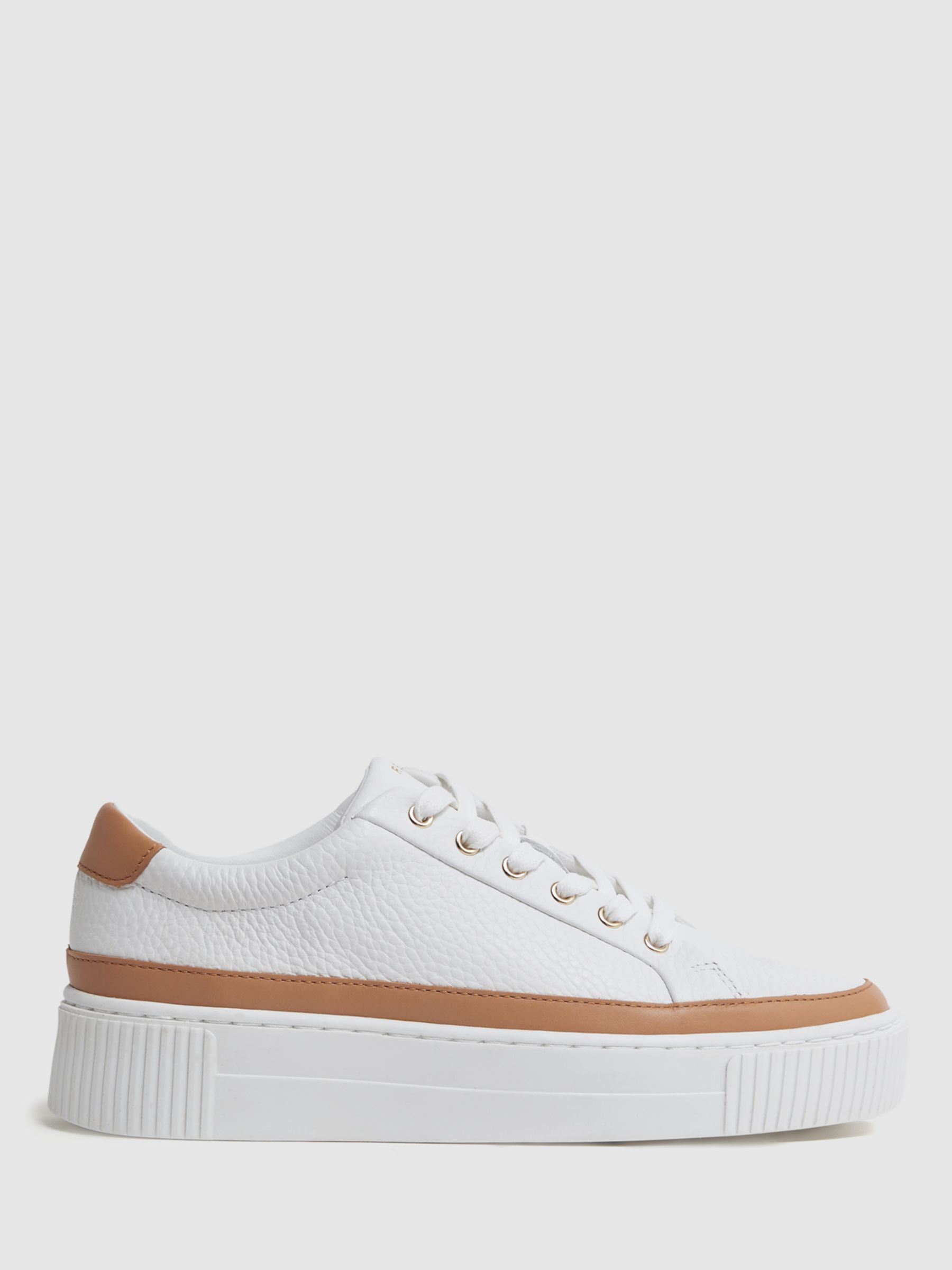 Reiss Leanne Leather Low Top Trainers, Camel/White at John Lewis & Partners