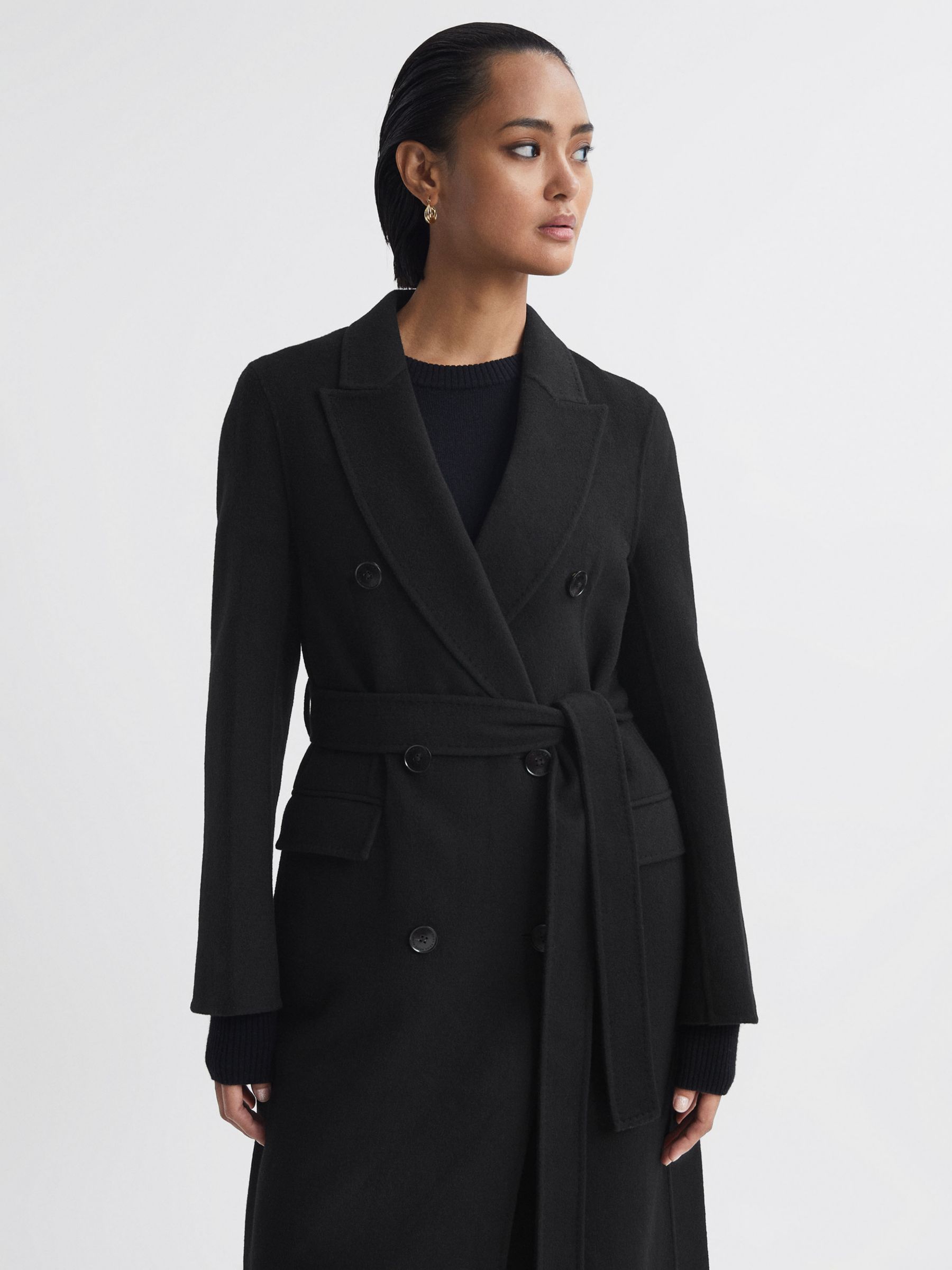 Reiss Arla Wool Blend Belted Coat, Black at John Lewis & Partners