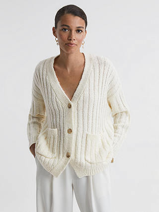 Reiss Annie Relaxed Fit Ribbed Wool Blend Cardigan, Neutral